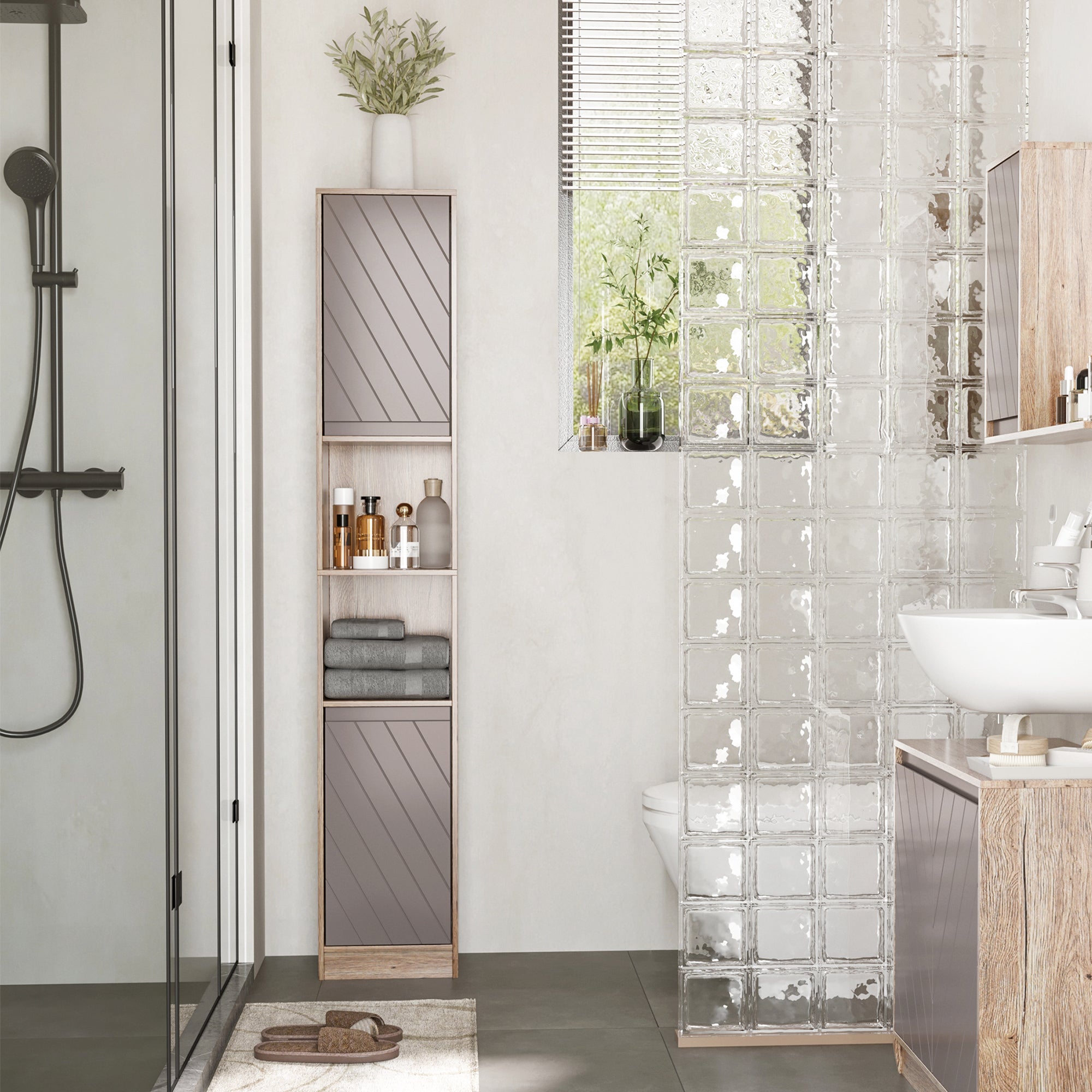 HOMCOM Freestanding Bathroom Storage Cabinet w/ 2 Cupboards 2 Compartments Home Organisation Anti-Tipping Elevated Base 30L x 24W x 170H cm Grey&Brown - North Peak Garden Furniture