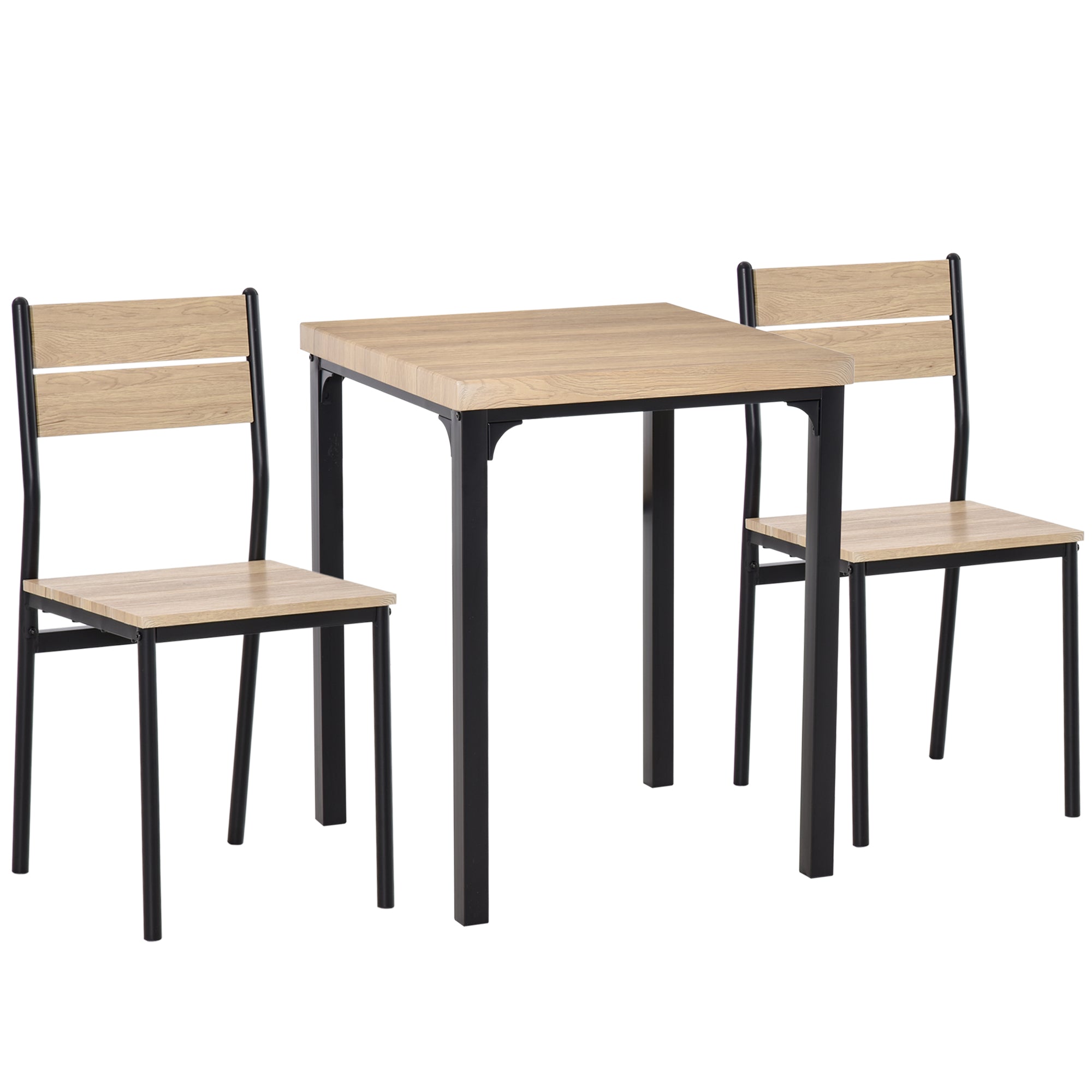 HOMCOM 3 Pieces Compact Dining Table 2 Chairs Set Wooden Metal Legs Bistro cafe Kitchen Breakfast Bar Home Furniture, Light Wood Grain - North Peak Garden Furniture