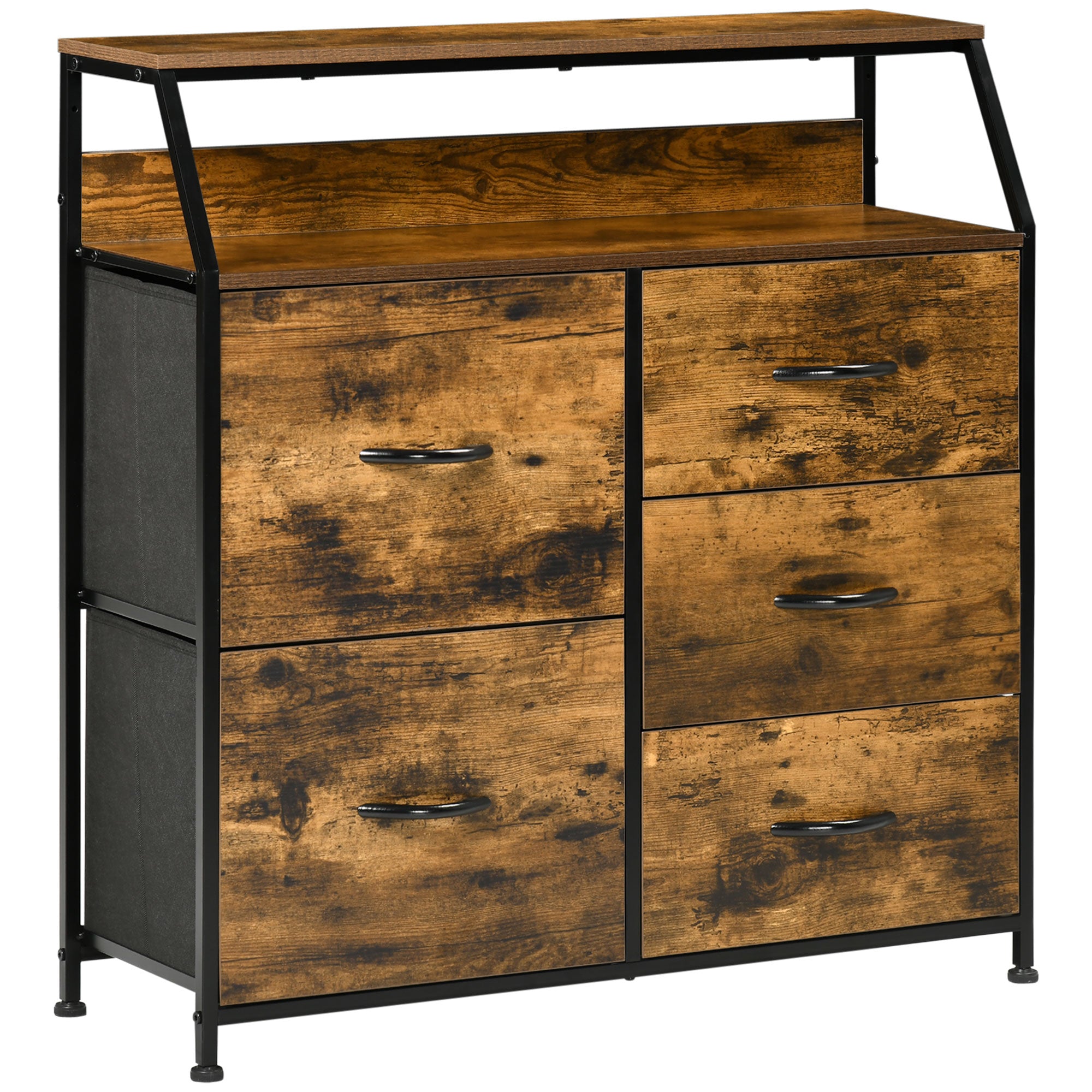 HOMCOM Bedroom Chest of Drawers, Industrial 5 Fabric Drawer Dresser with Open Shelf for Living Room, Rustic Brown - North Peak Garden Furniture