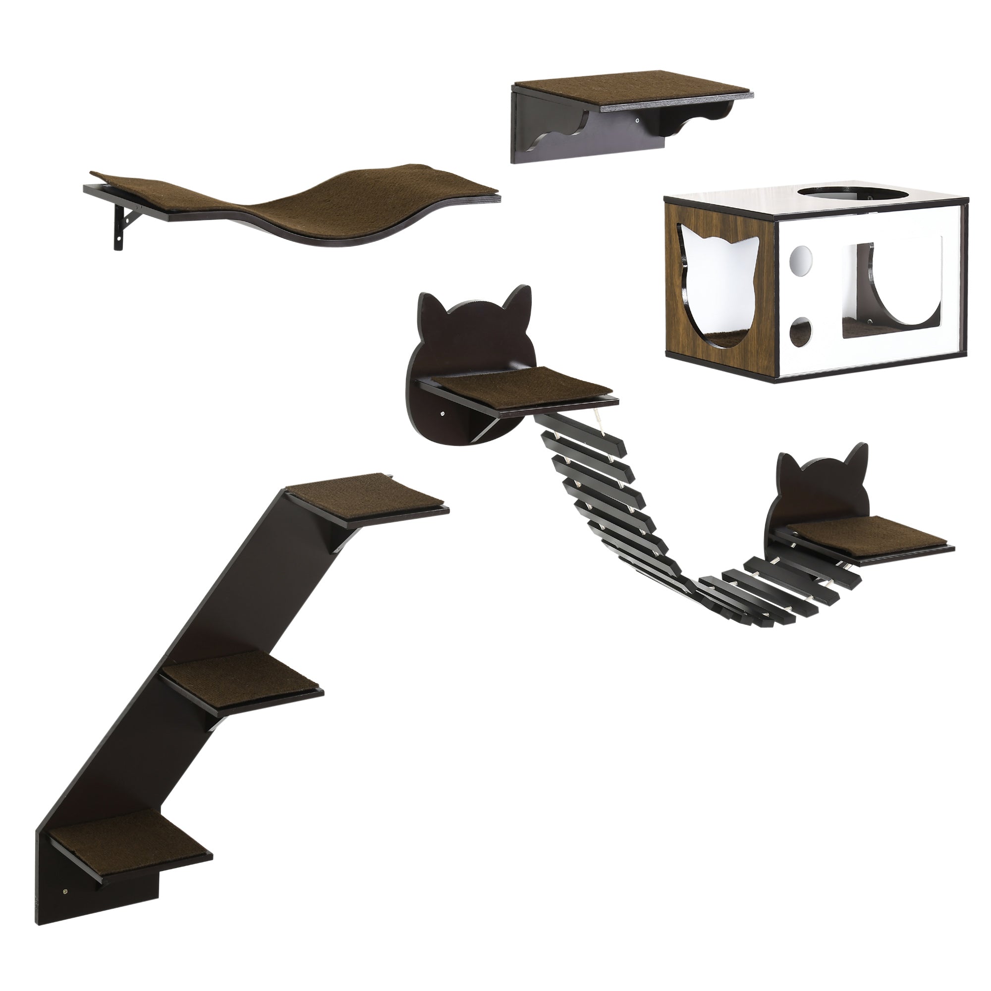 PawHut 5 Piece Cat Wall Shelves, Wall-Mounted Cat Tree for Indoor Use - Brown - North Peak Garden Furniture
