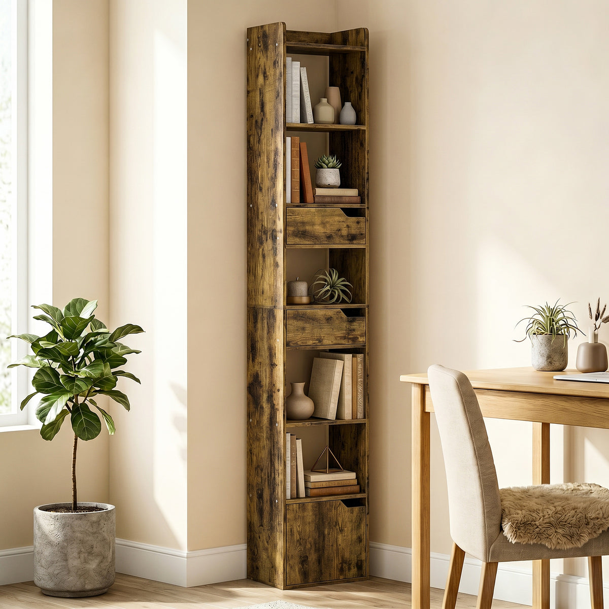 HOMCOM Bookcase Tall Narrow with 5 Tiers and Drawers Freestanding Bookshelf Storage Cabinet for Living Room Rustic Brown
