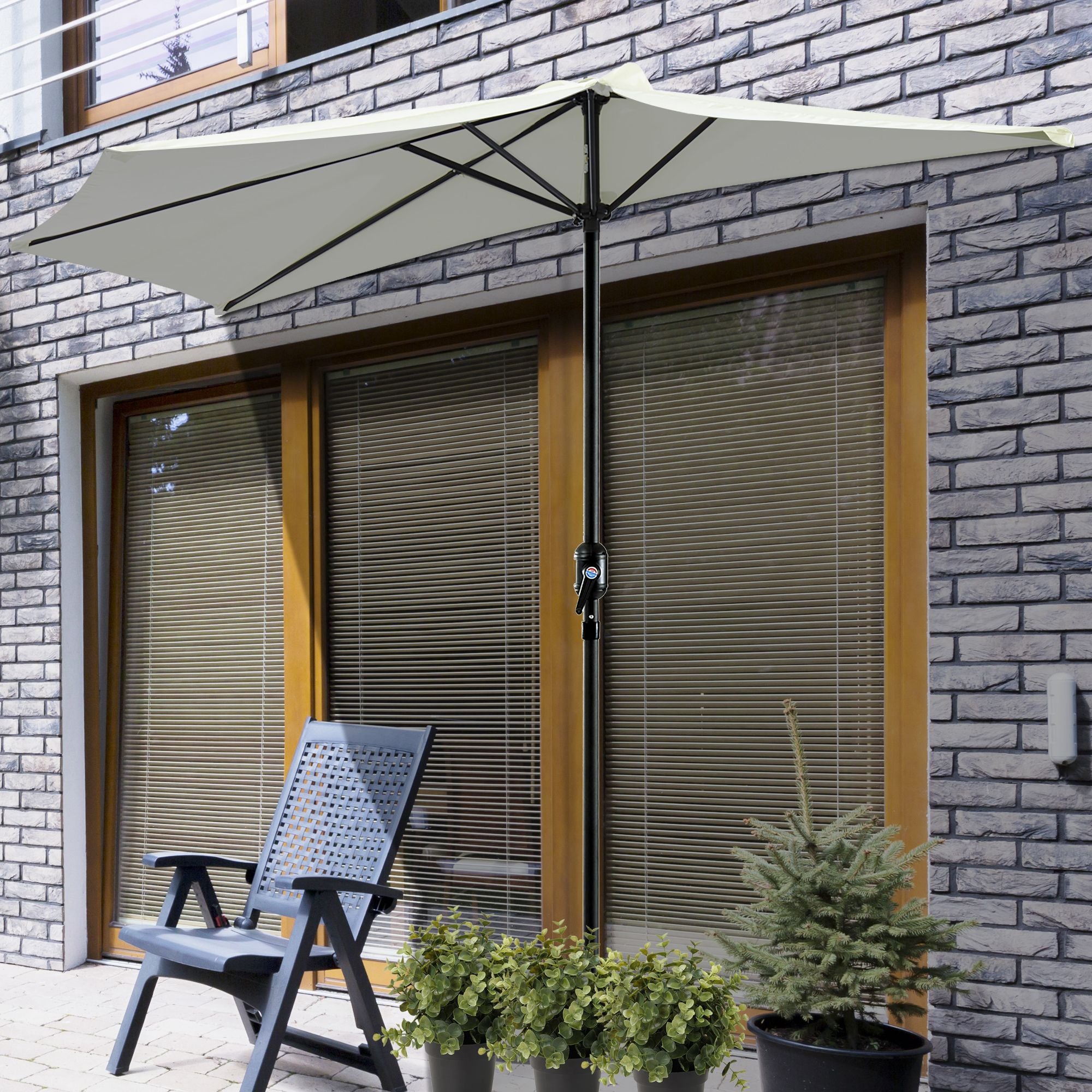 Outsunny 2.7m Garden Half Parasol, Outdoor Balcony Umbrella with 5 Steel Ribs, Patio Sun Shade, Cream White - North Peak Garden Furniture