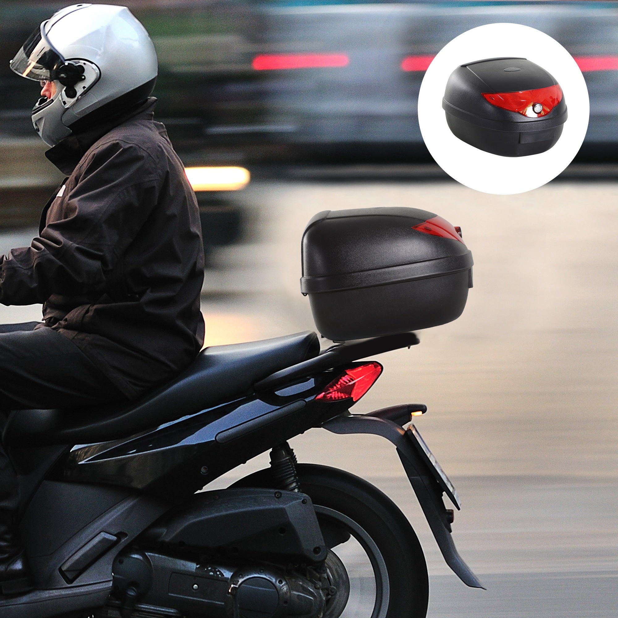 HOMCOM 24L Motorcycle Trunk Hard Tail Bike Top Box Rack Mount Luggage Helmet Storage Carrier Case Universal Scooter w/Keys & Plate - North Peak Garden Furniture