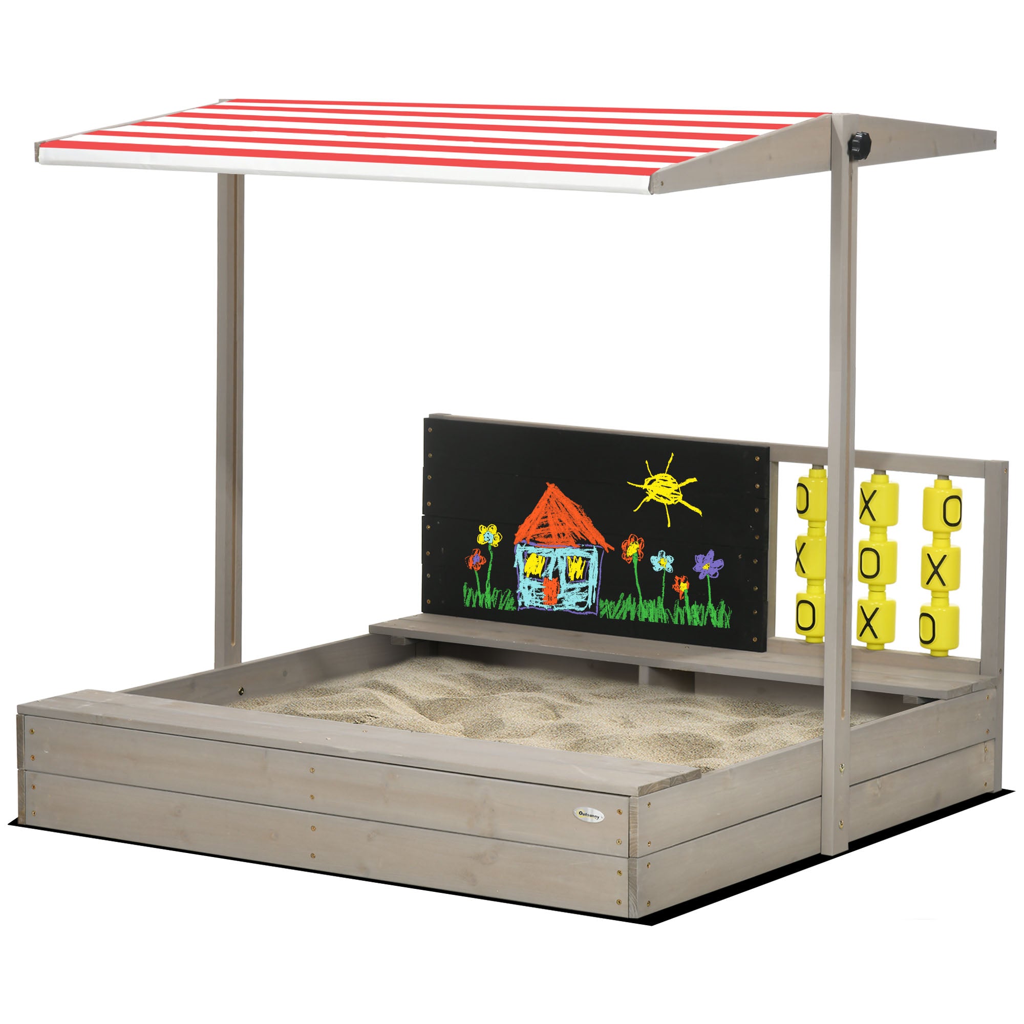 Outsunny Kids Wooden Sandpit, sandbox with canopy & Seats, for Gardens - Grey - North Peak Garden Furniture
