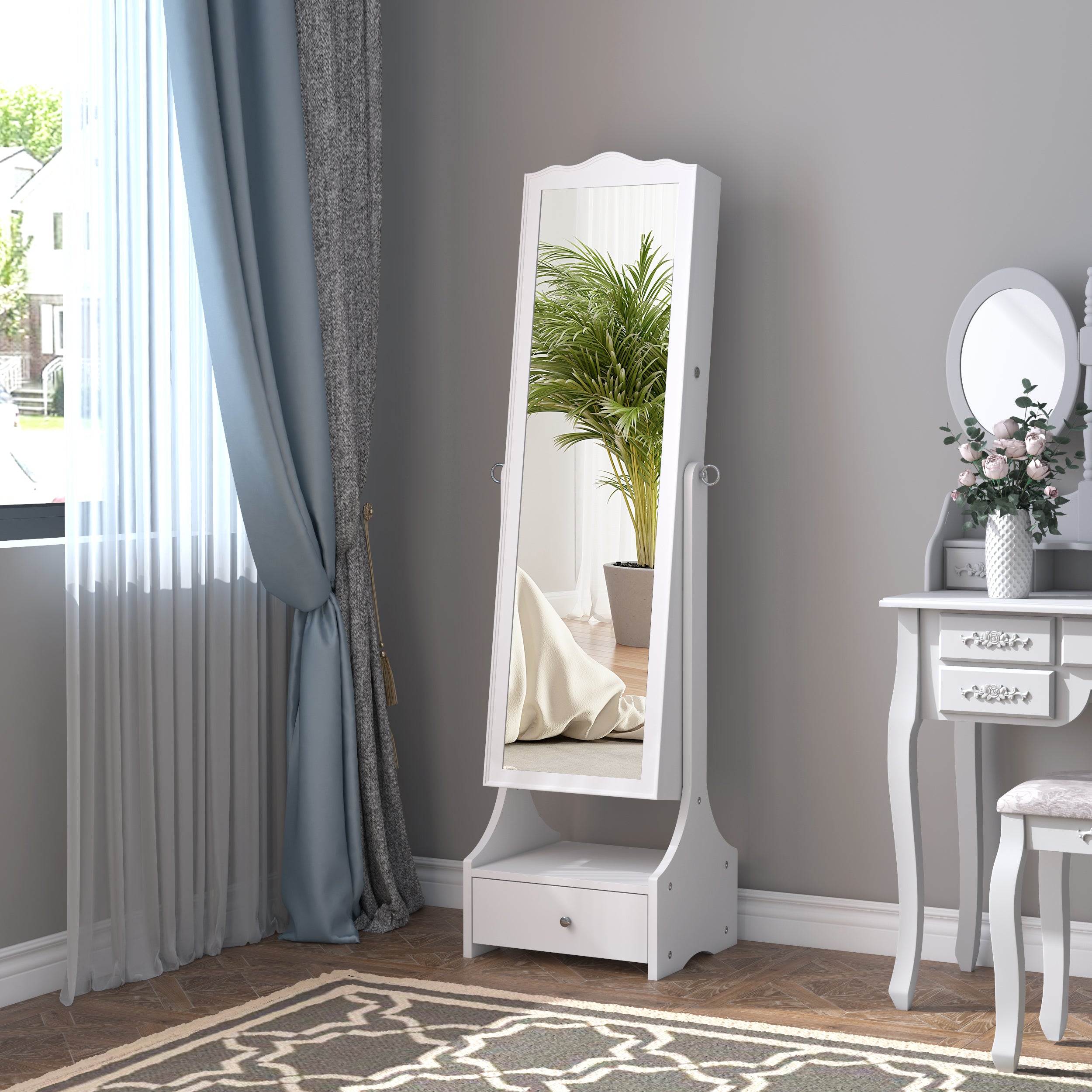 HOMCOM Jewellery Cabinet with led, mirroir Cabinet Armoire Floor Standing Flip-over Makeup Shelf Organizer with lock white - North Peak Garden Furniture