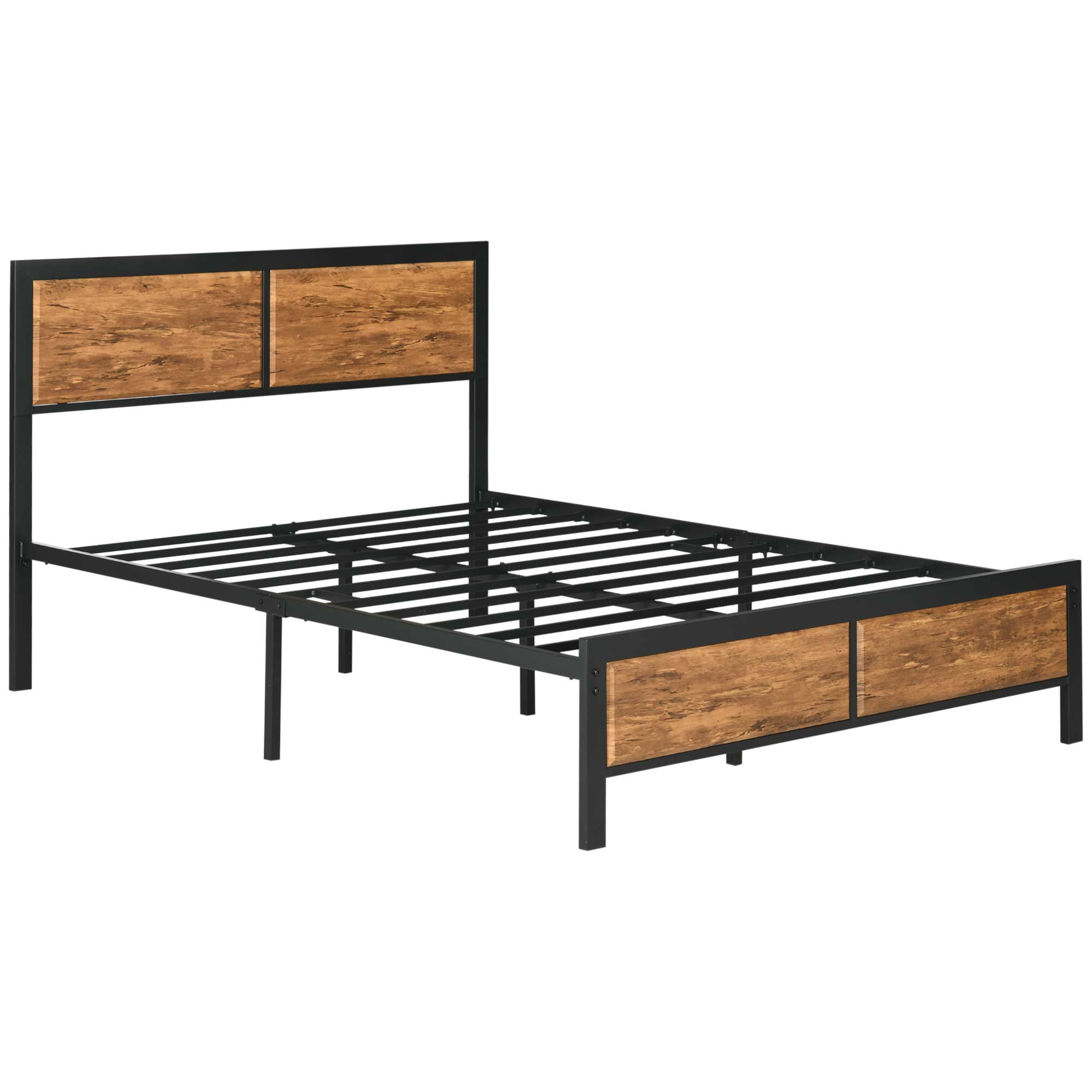 HOMCOM Industrial Double Bed Frame, 5FT Steel Bed Base with Headboard, Footboard, Slatted Support and Under Bed Storage, 147 x 197cm, Rustic Brown - North Peak Garden Furniture