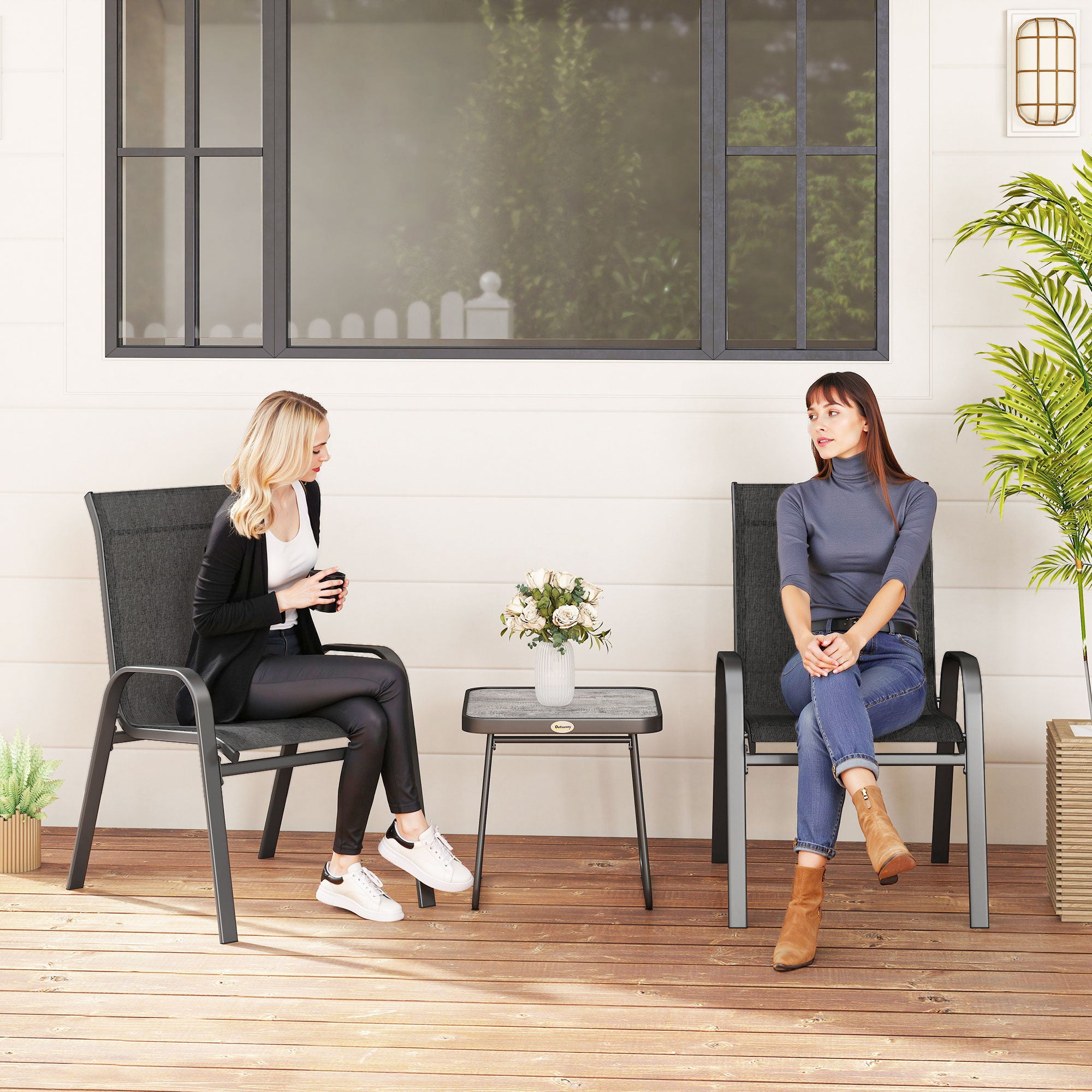 Outsunny 3 Pieces Outdoor Bistro Set, Patio Stackable Armchairs with Breathable Mesh Fabric and SPC Board Coffee Table, Black - North Peak Garden Furniture