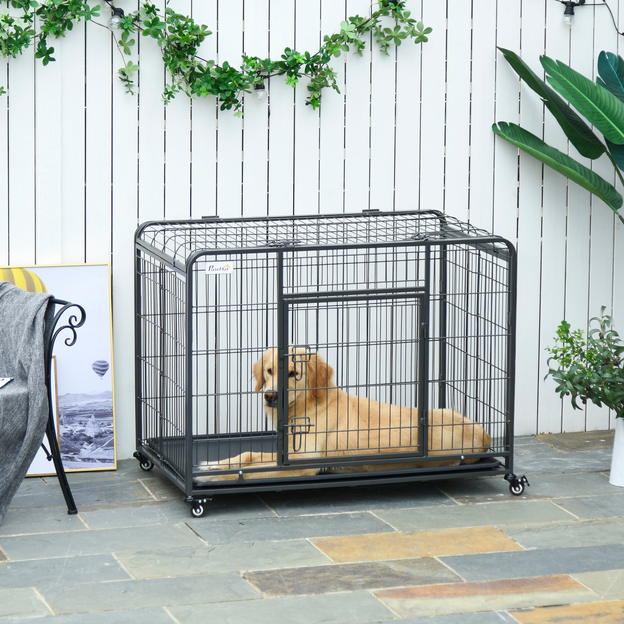 PawHut Metal Dog Cage Kennel Locking Door & Wheels Removable Tray Openable Top For Large Pets 109.5 x 71 x 78 cm - North Peak Garden Furniture