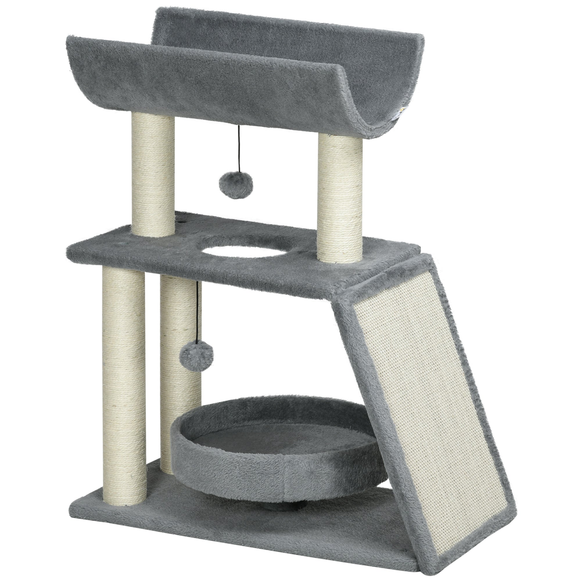PawHut Cat Tree Tower, with Scratching Posts, Pad, Bed, Perch, Toy Ball - Light Grey - North Peak Garden Furniture