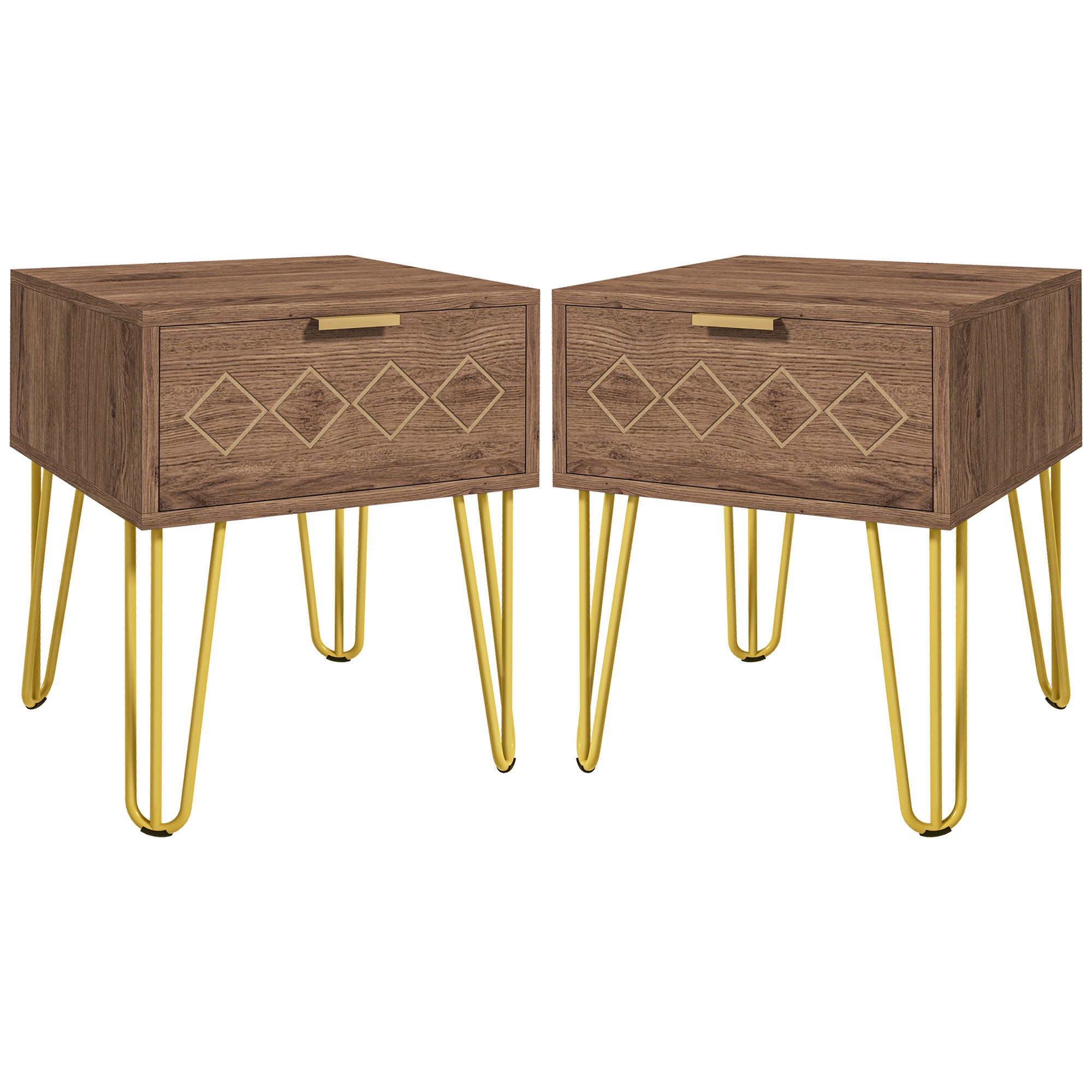 HOMCOM Bedside Table Set of 2 with Drawer, Wooden Nightstand, Modern Sofa Side Table with Gold Tone Metal Legs for Bedroom - North Peak Garden Furniture