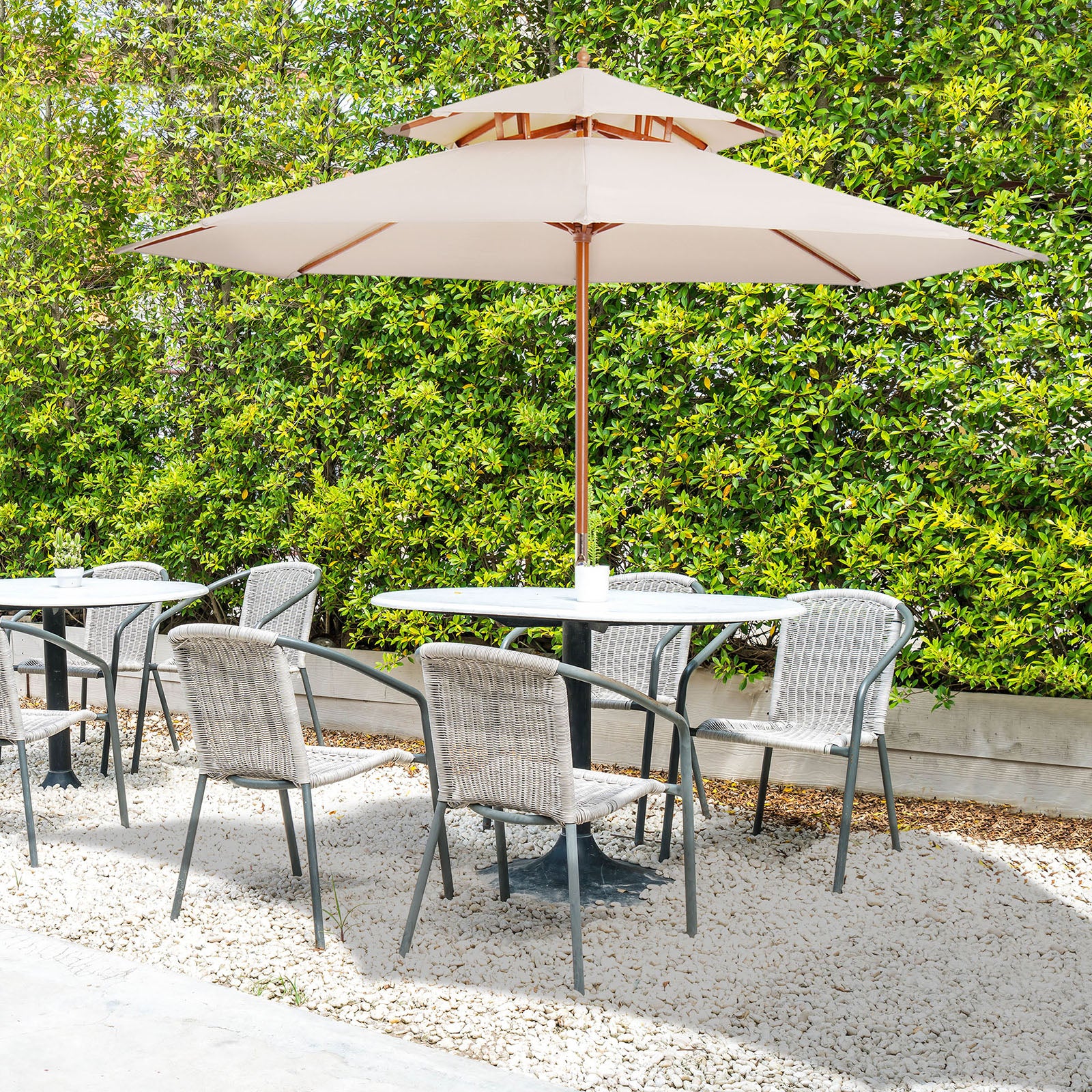 Outsunny 2.7m Wooden Parasol Elegant Two-Tier Design Garden Parasol Umbralle for Outdoor Shade, Beige