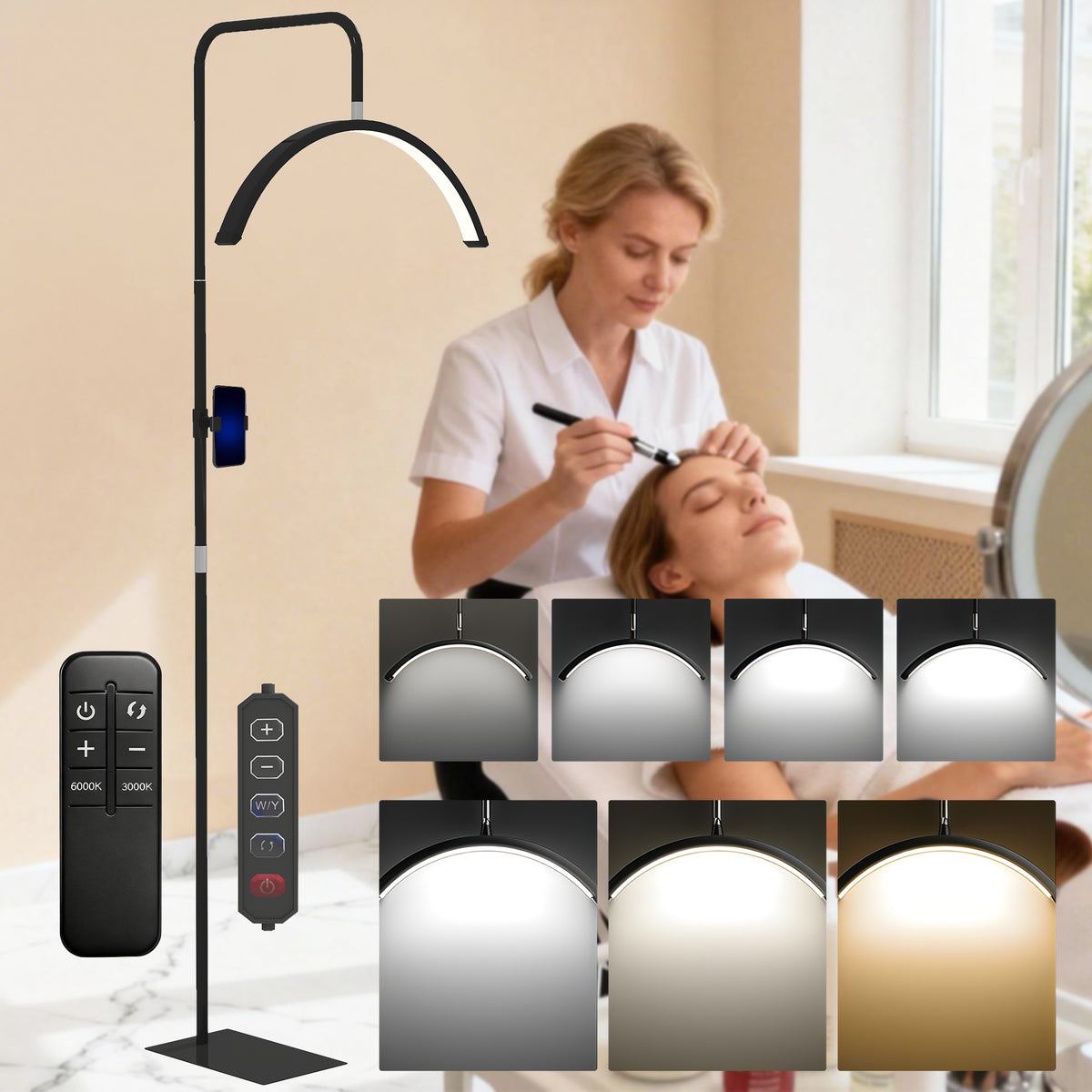HOMCOM Half Moon Lash Light, 350° Rotatable Head, 7 Colours, Dimmable Beauty Floor Lamp, Black