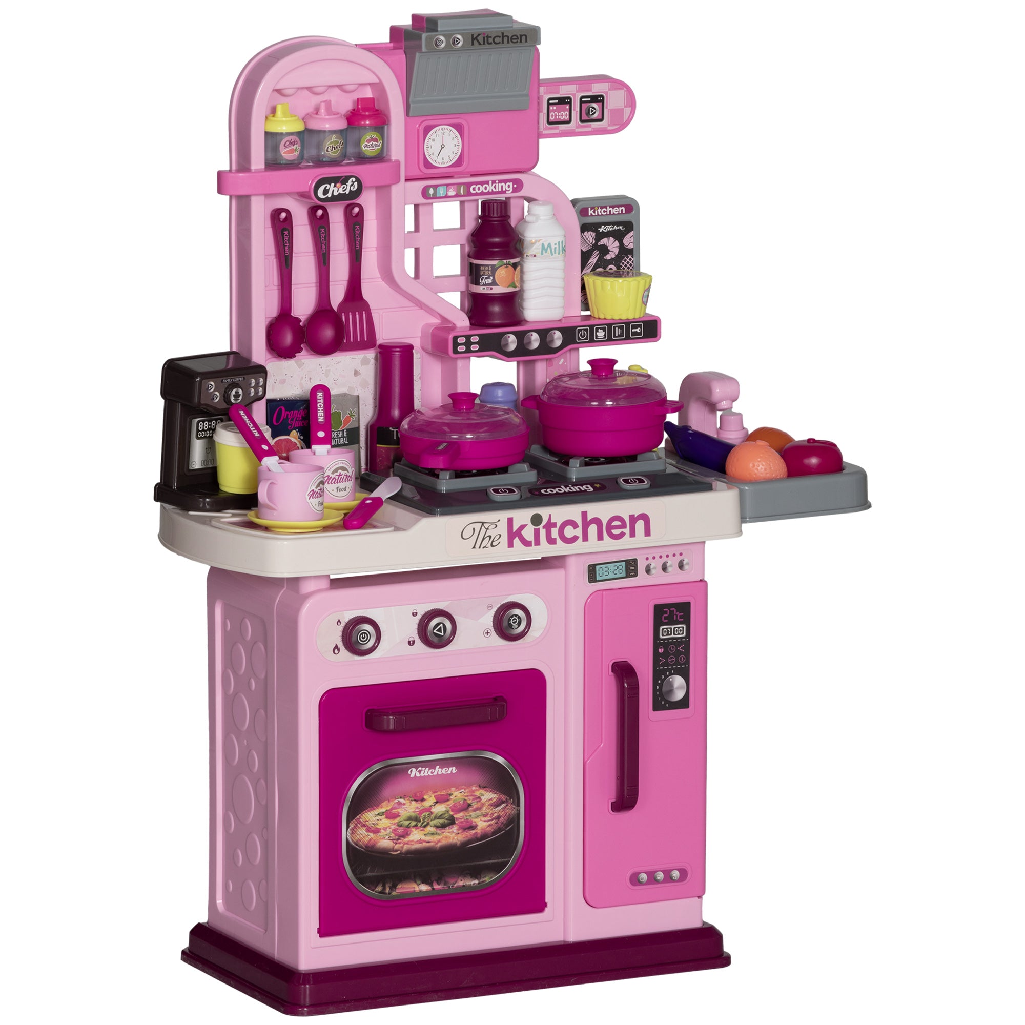 AIYAPLAY Kids Kitchen with 33 Pieces, Lights, Sounds, Storage, for Ages 3-6 Years, Pink - North Peak Garden Furniture
