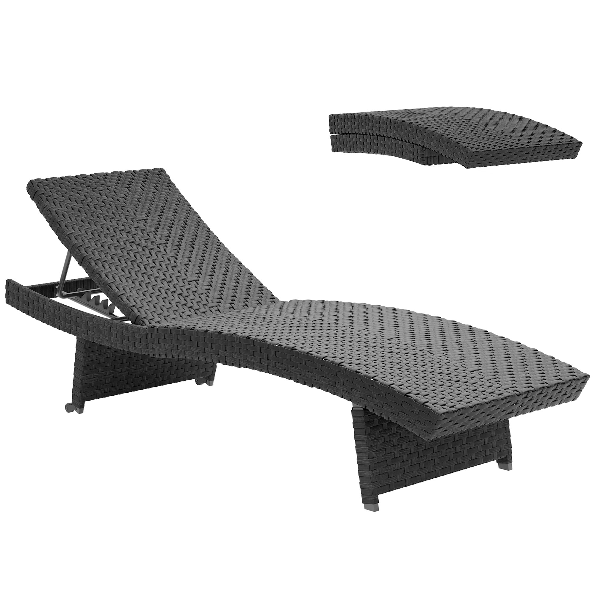 Outsunny Outdoor PE Rattan Sun Lounger, Folding Wicker Garden Lounger Recliner with 4-Level Adjustable Backrest, Rolling Sunbed Lounge Chair with Wheels, Non-Slip Legs for Balcony, Beach, Black - North Peak Garden Furniture