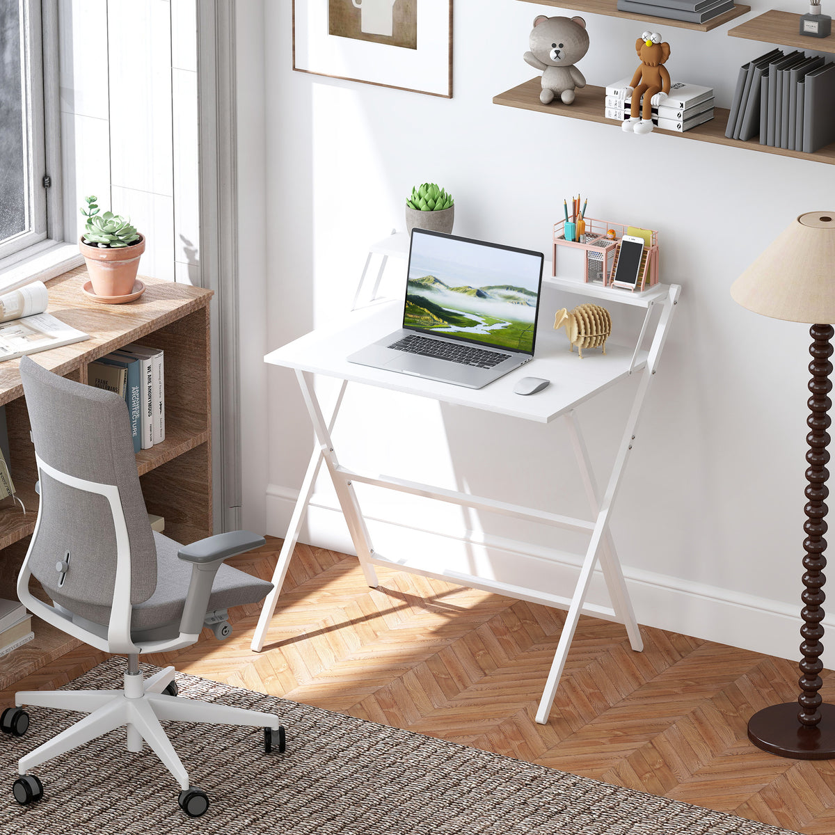 HOMCOM 81.5 cm Folding Computer Desk with Monitor Shelf - White