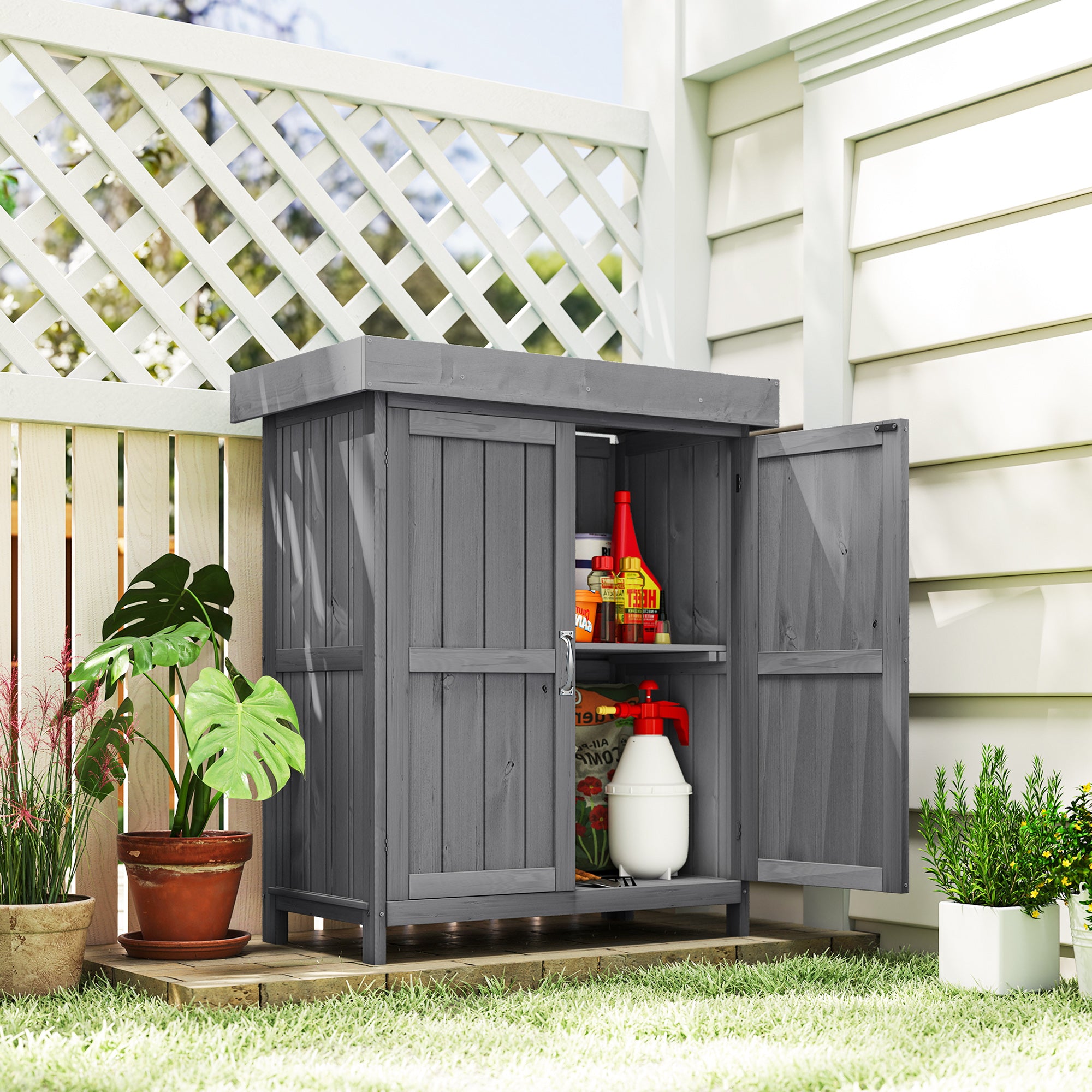 Outsunny Wooden Garden Storage Shed with Hinged Roof and Shelves, Outdoor Storage Cabinet Chest, Double Doors, 74 x 43 x 88cm, Grey