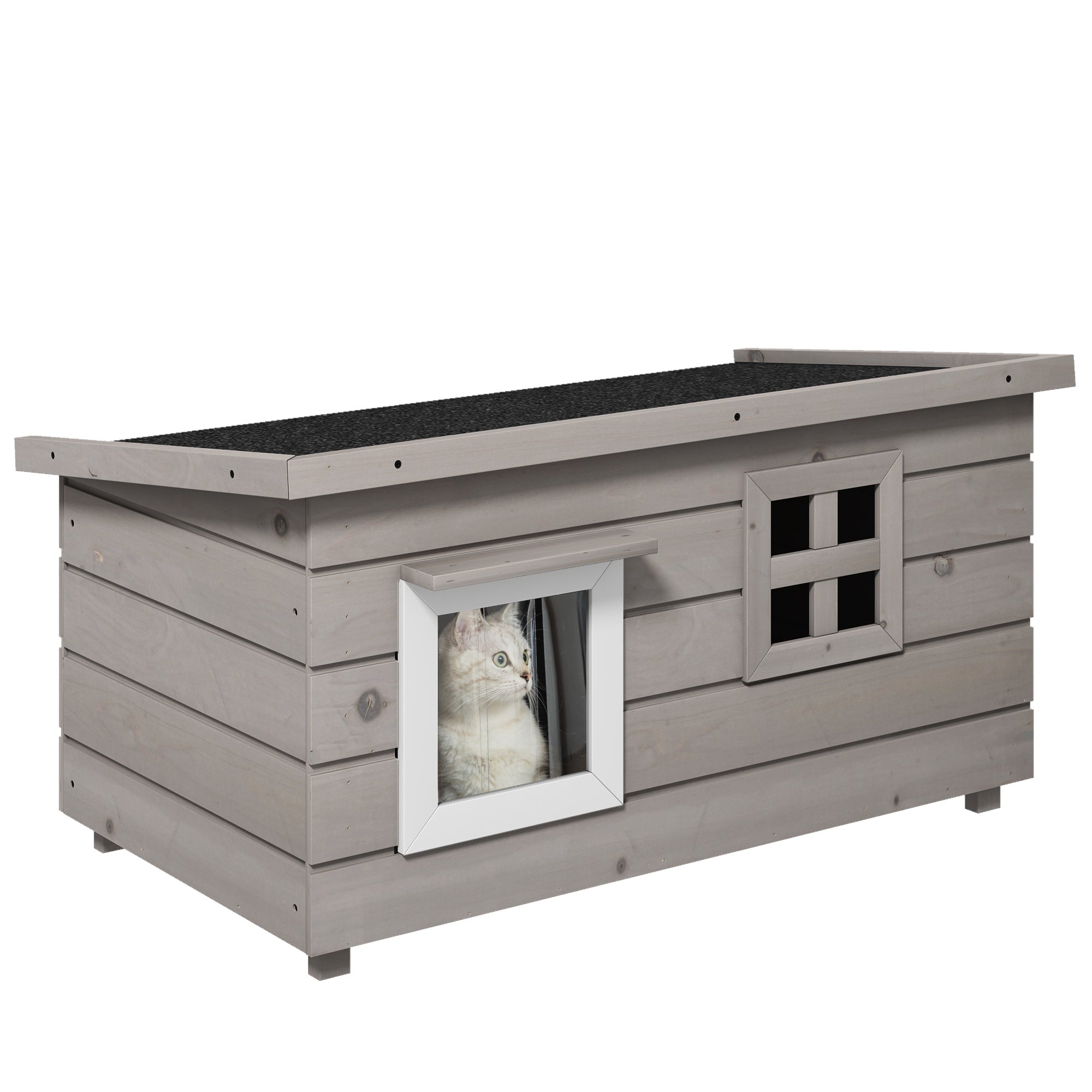 PawHut Wooden Cat House Outdoor, Elevated Cat Shelter Kennel, Pet Play House with Openable Top, Asphalt Roof, Window, Grey - North Peak Garden Furniture
