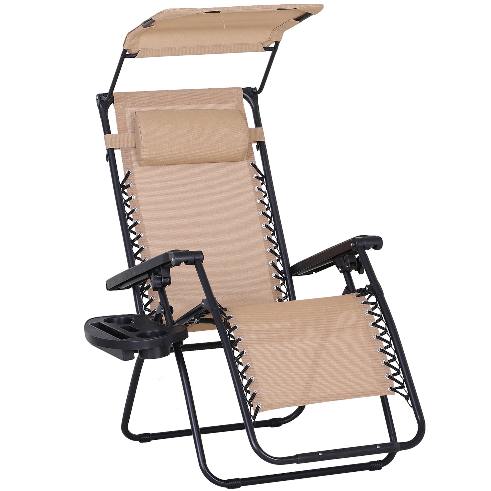 Outsunny Foldable Reclining Garden Chair with Headrest, Zero Gravity Deck Sun Lounger Seat Chair with Footrest, Armrest, Cup Holder & Canopy Shade, Beige - North Peak Garden Furniture
