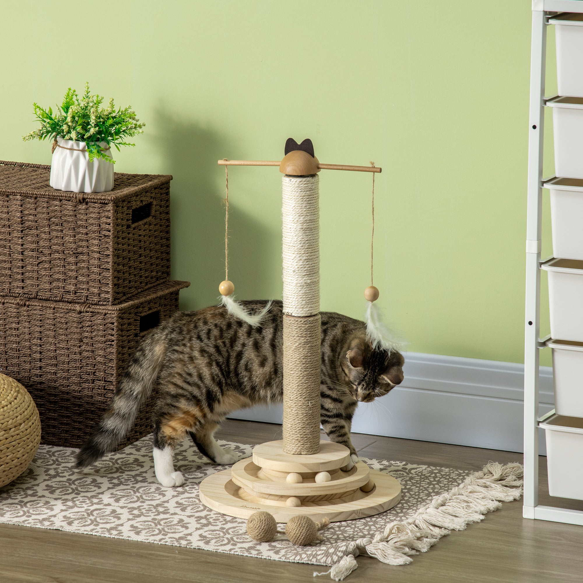 PawHut Cat Tree, with Scratching Post, Turntable Toy Ball - Natural Finish - North Peak Garden Furniture