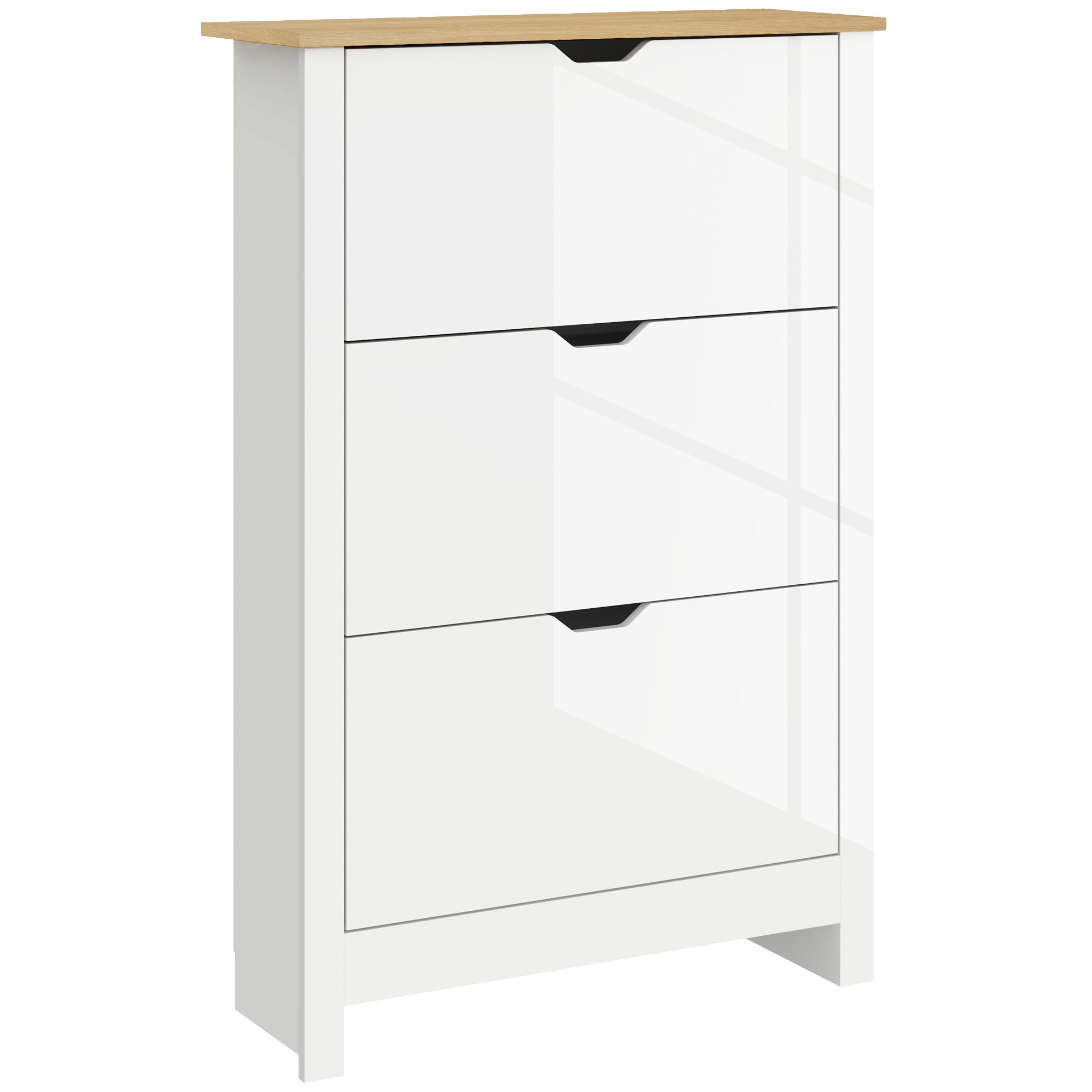 HOMCOM Slim Shoe Cabinet, Narrow Shoe Cupboard with 3 Flip Drawers, Adjustable Shelves for 18 Pairs of Shoes, High Gloss White - North Peak Garden Furniture
