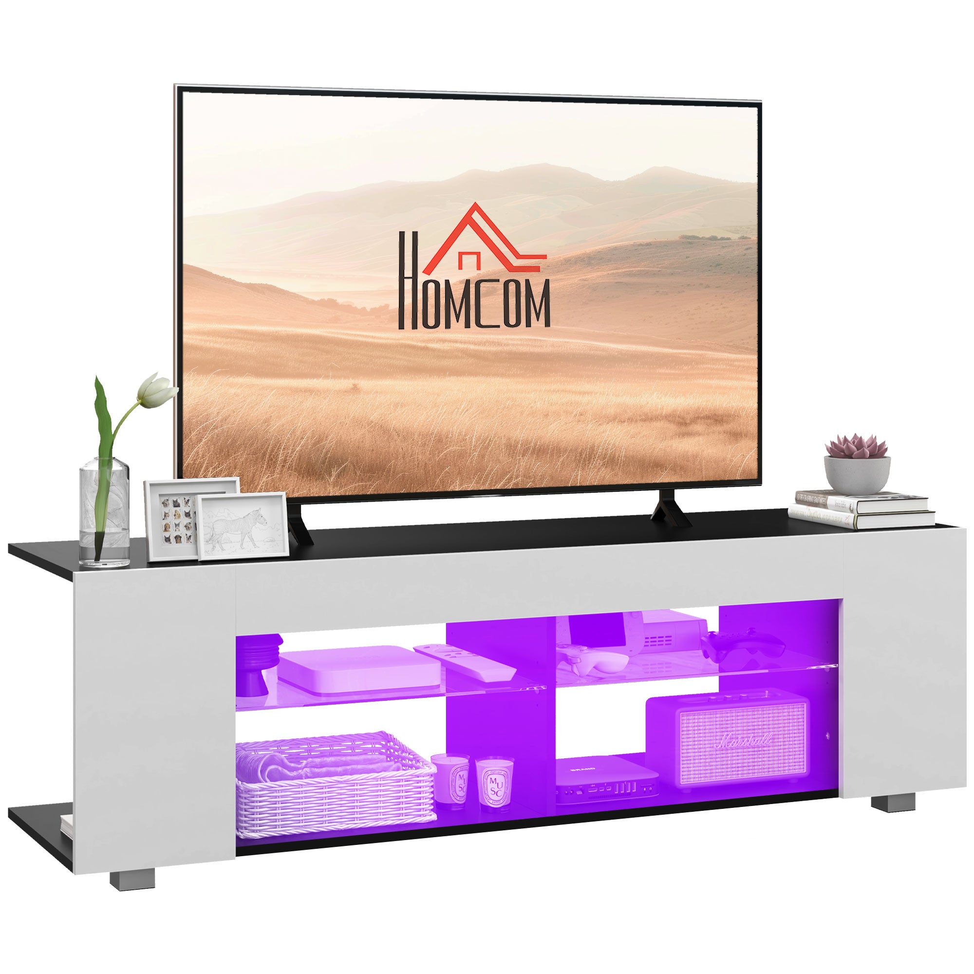 HOMCOM Multi-Shelf TV Cabinet, with Adjustable LED Lights - White - North Peak Garden Furniture