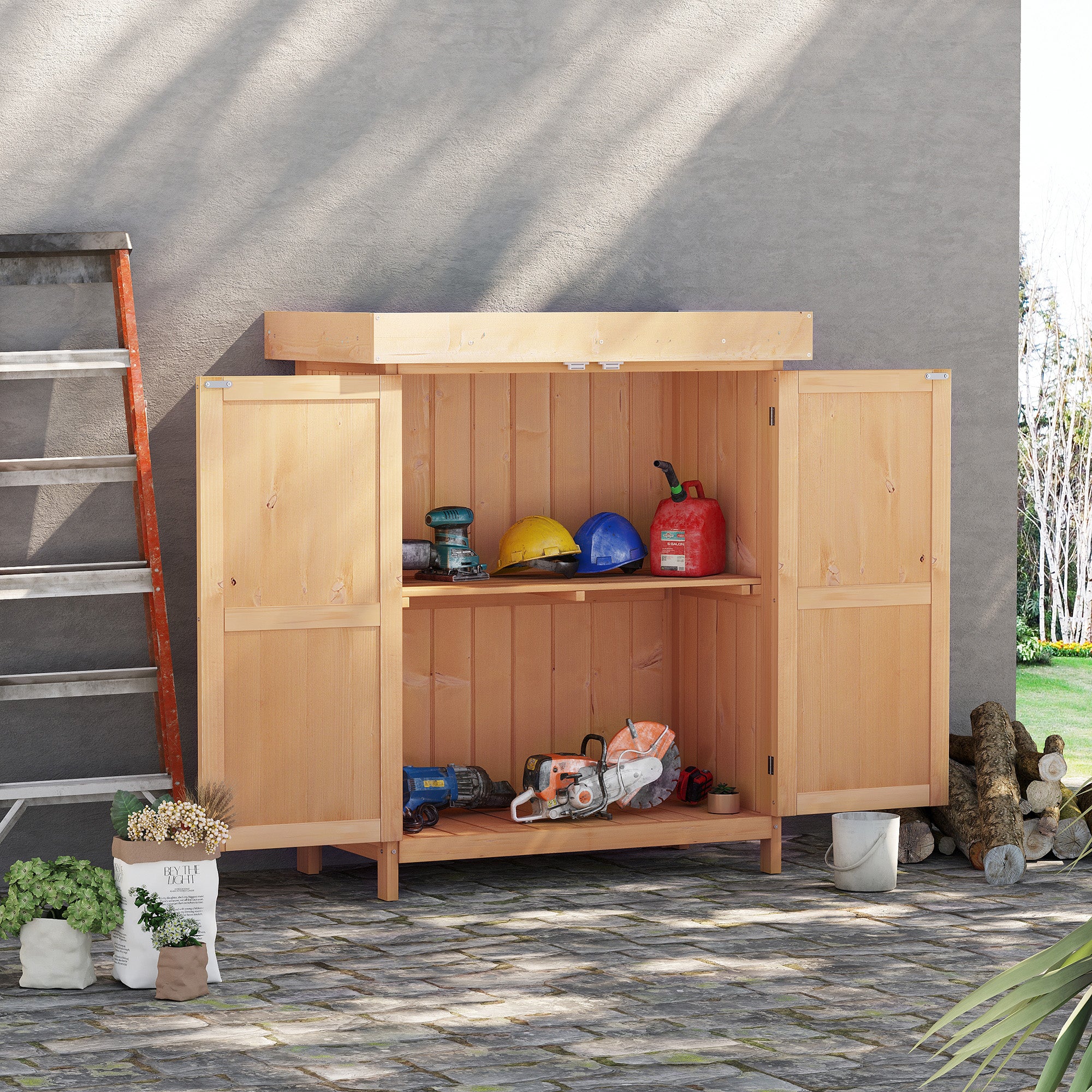 Outsunny Wooden Garden Storage Shed with Hinged Roof and Shelves, Outdoor Storage Cabinet Chest, Double Doors, 74 x 43 x 88cm, Burlywood - North Peak Garden Furniture