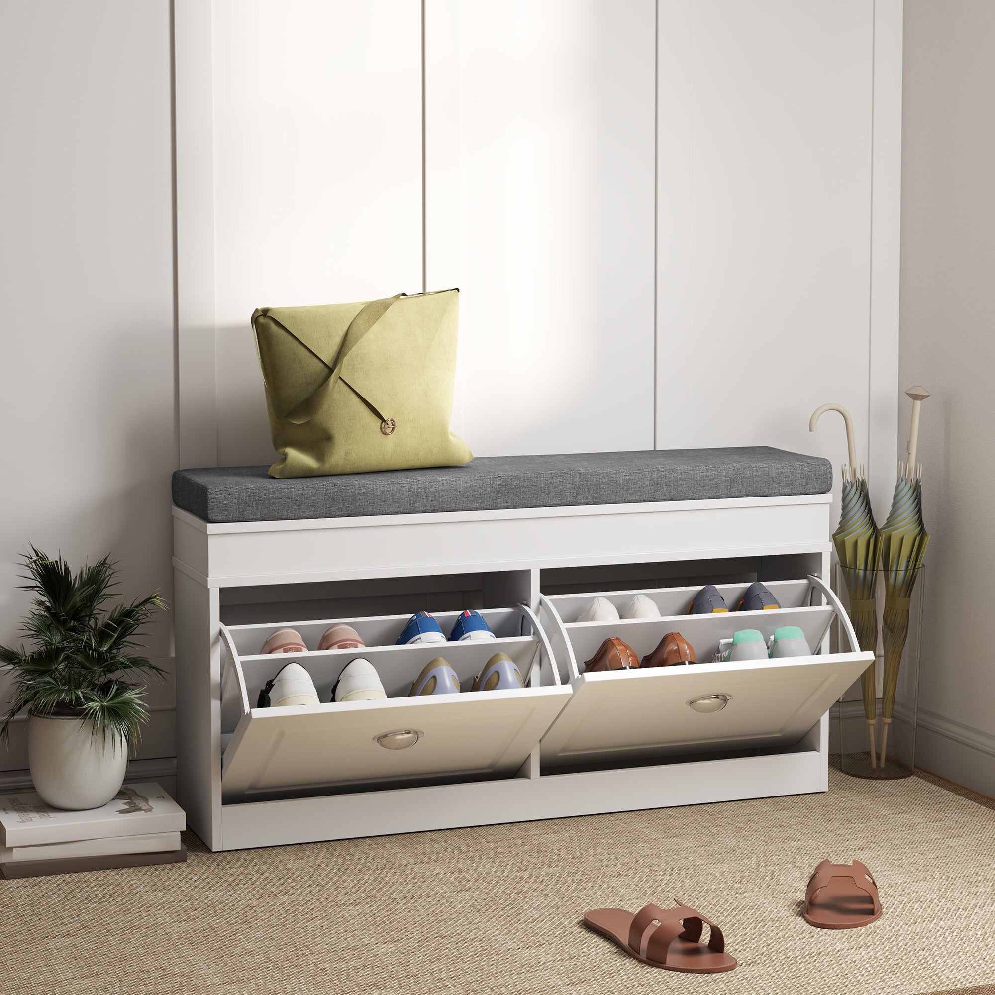 HOMCOM Shoe Storage Bench with Flip Drawers, Shoe Cabinet with Seat Cushion and Adjustable Shelf for Hallway, Entryway, Living Room, Bedroom, White - North Peak Garden Furniture
