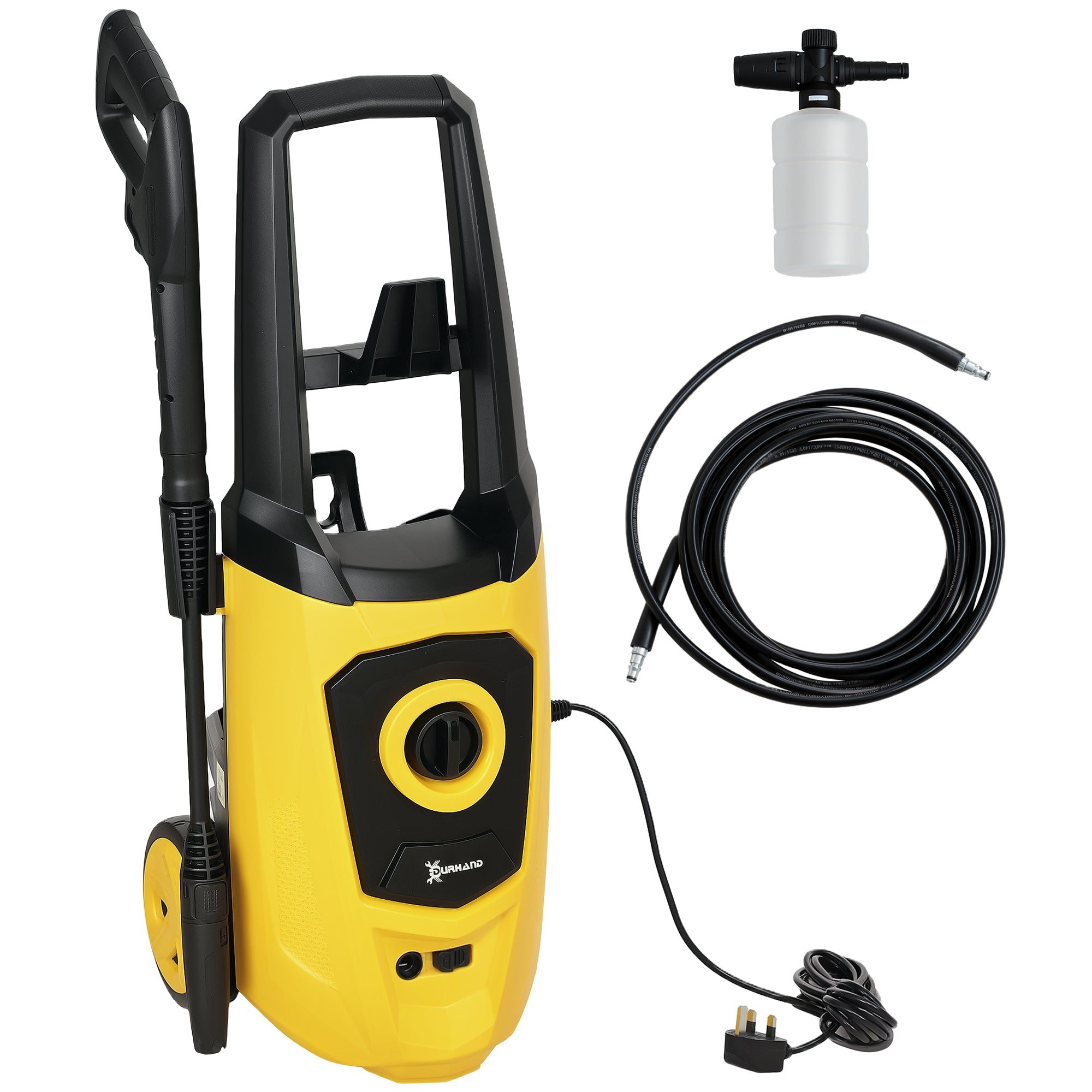 DURHAND 1800W High Pressure Washer, 150 Bar Pressure, 510 L/h Flow, High-Performance Portable Power Washer Jet Wash Cleaner with 6M Hose, Snow Foam Bottle for Garden, Car, Furniture, Yellow - North Peak Garden Furniture