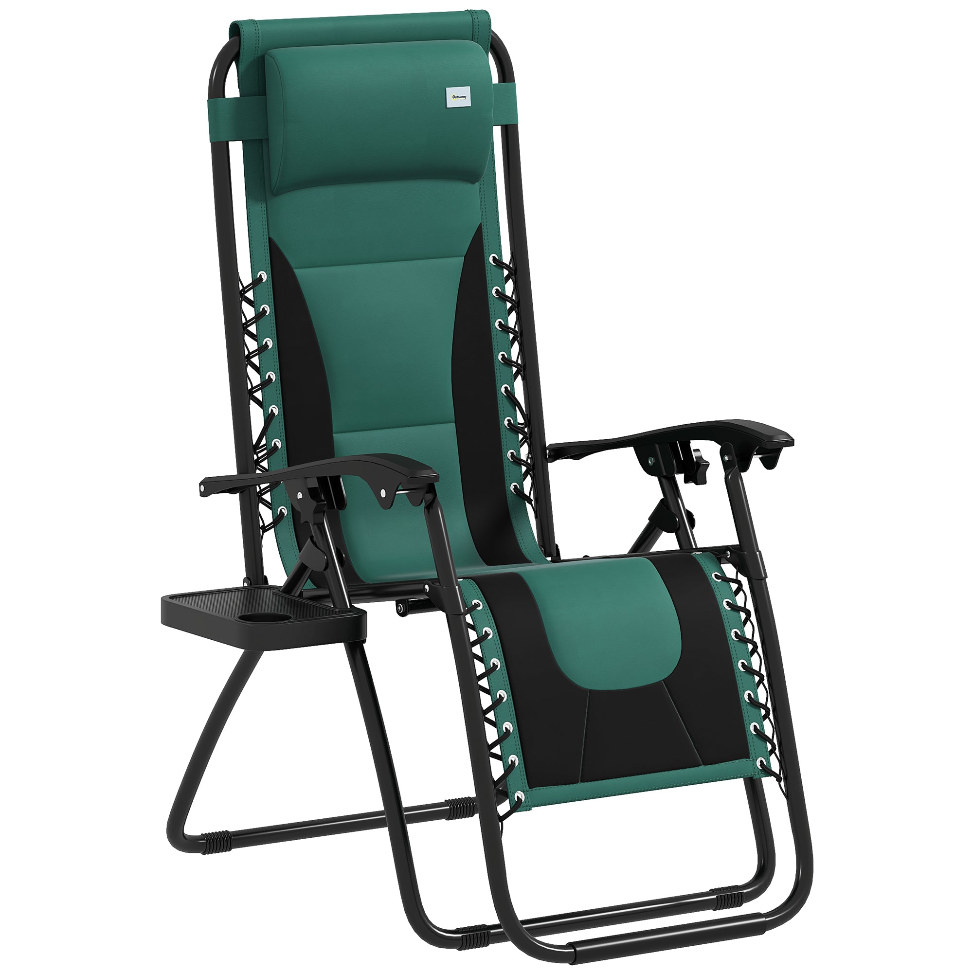 Outsunny Zero Gravity Lounger Chair, Folding Reclining Patio Chair with Padded Seat, Cup Holder, Soft Cushion and Headrest for Poolside, Camping, Green - North Peak Garden Furniture