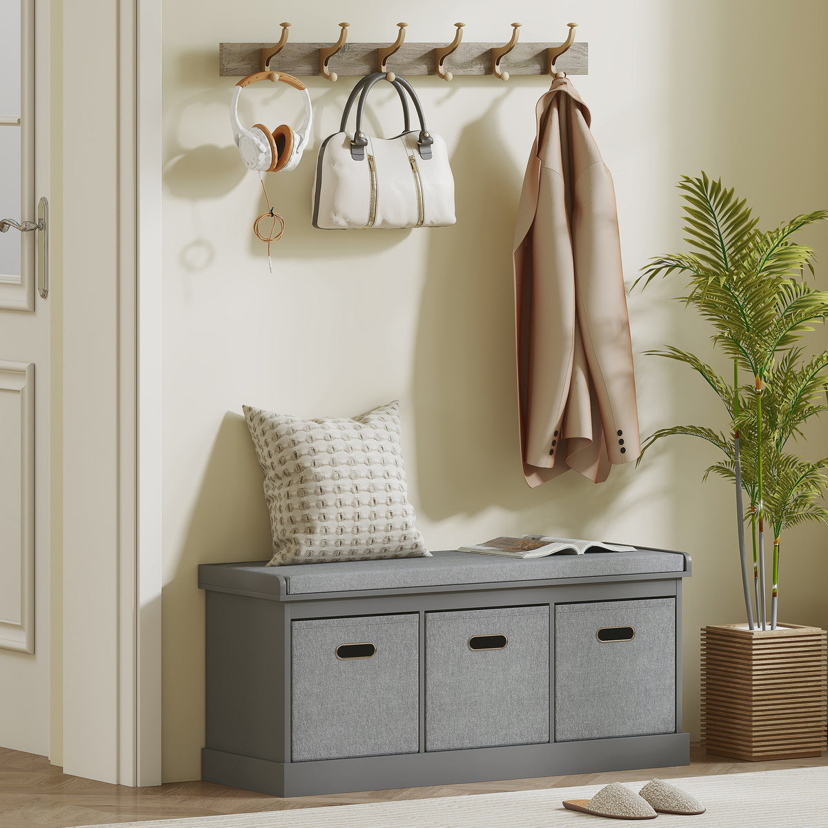 HOMCOM Three-Drawer Shoe Storage Bench, with Padded Top Seat - Grey