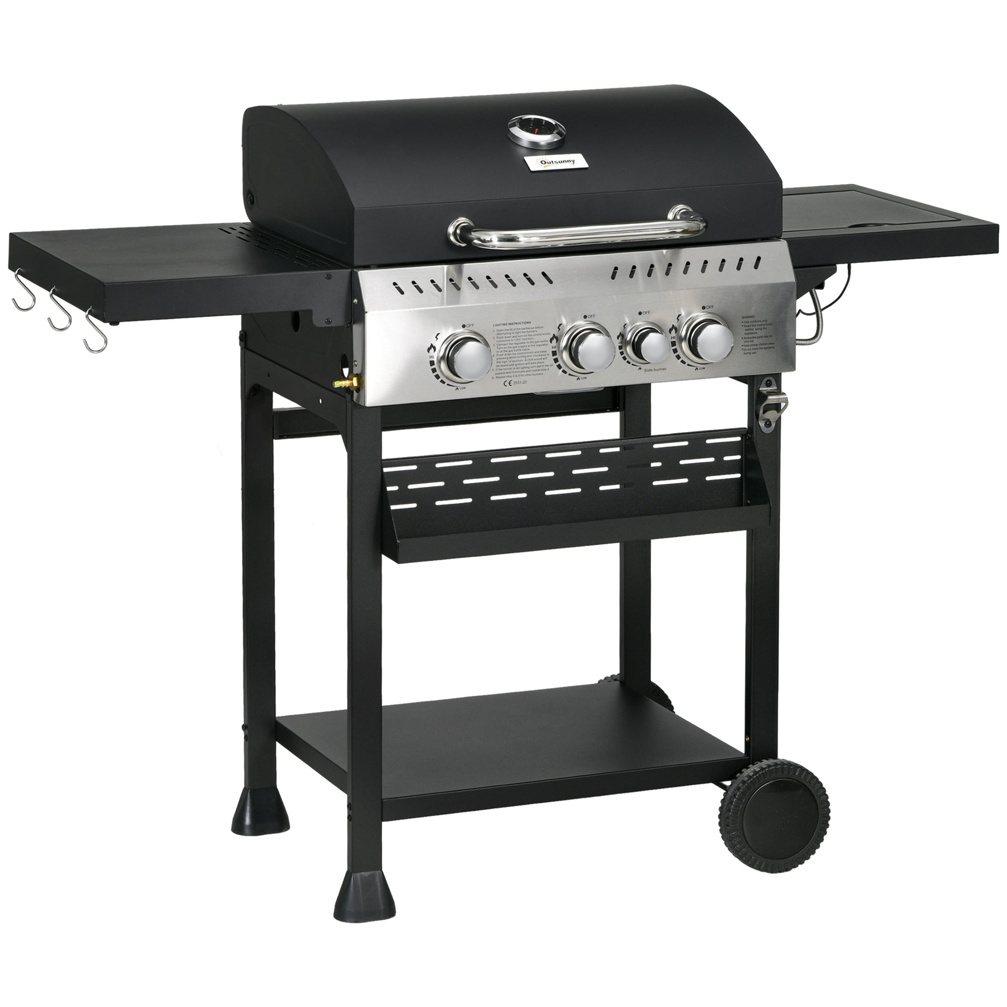 Outsunny Four-Burner Steel Gas Grill, with Thermometer - Black - North Peak Garden Furniture