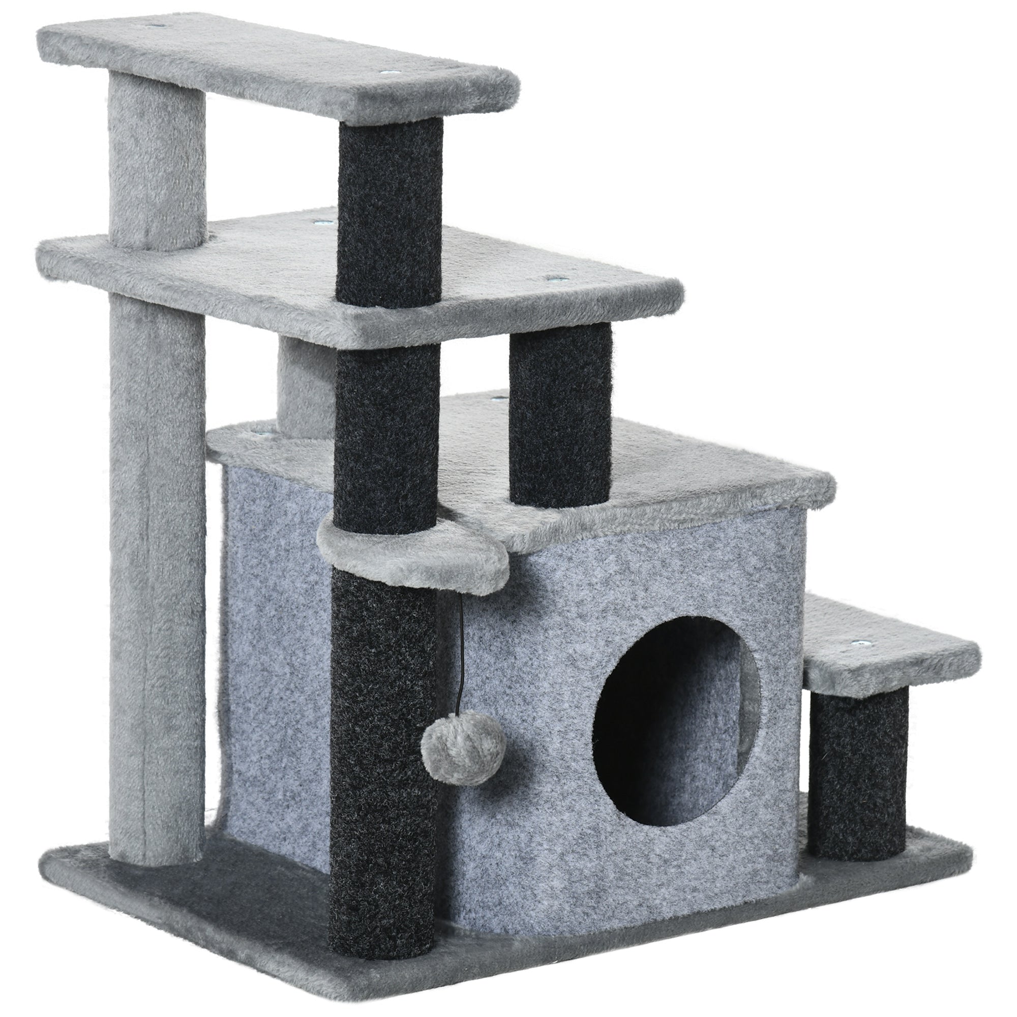 PawHut Adjustable Cat Steps, with House & Hanging Toy Ball - Grey - North Peak Garden Furniture