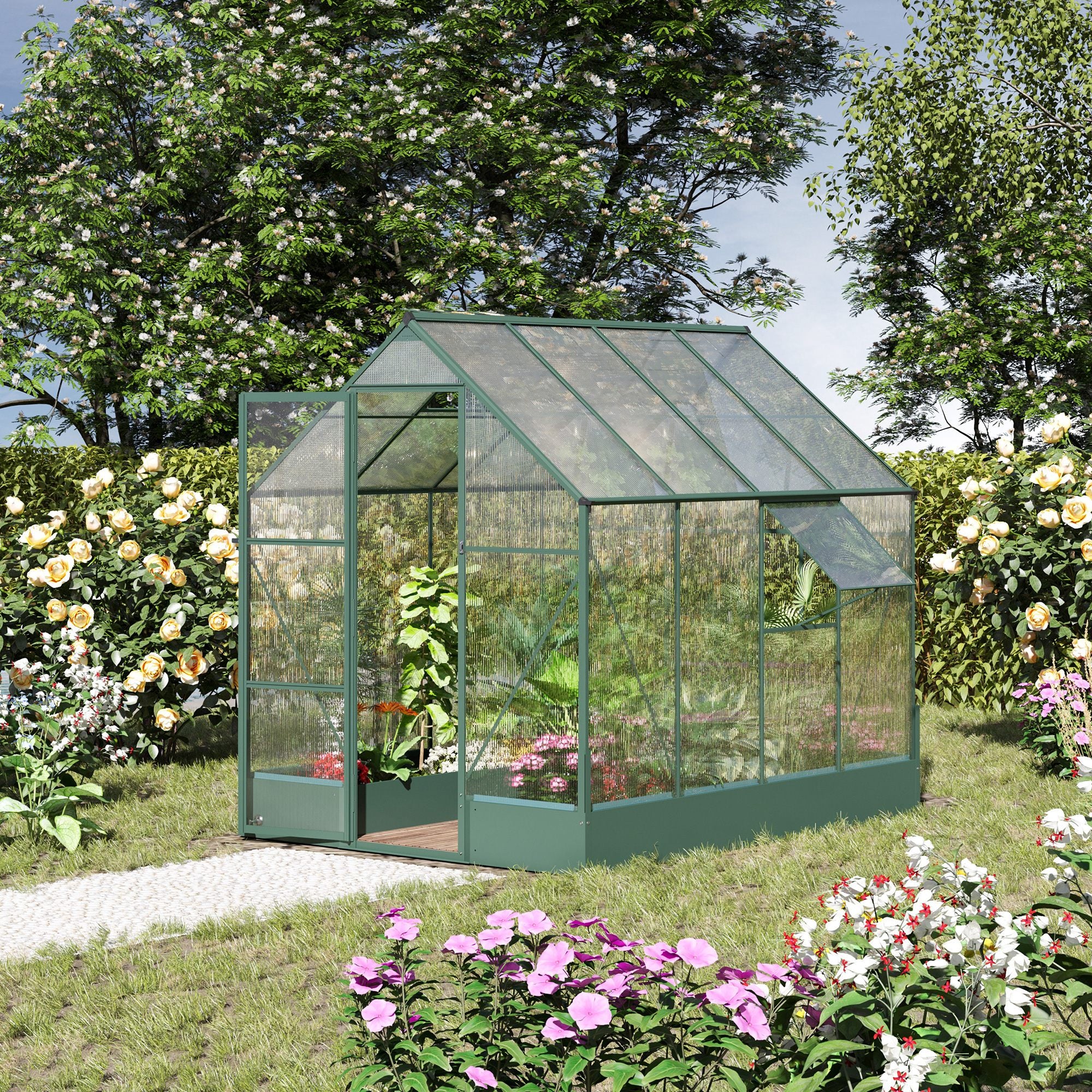 Outsunny Garden Walk-in Aluminium Greenhouse Polycarbonate with Plant Bed, Temperature Controlled Window, Foundation, 6 x 8ft - North Peak Garden Furniture