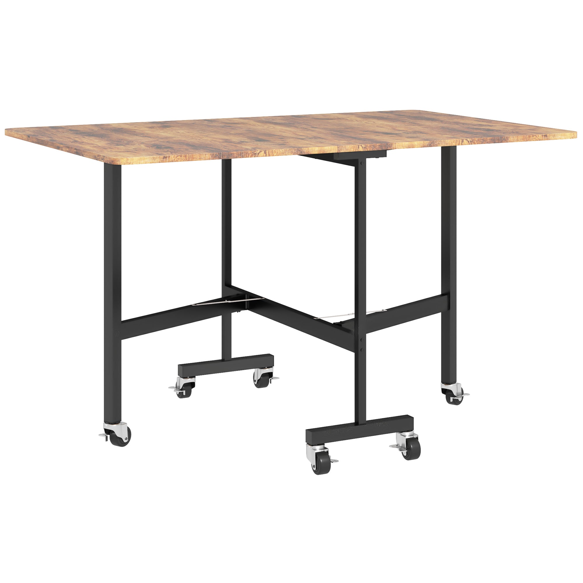 HOMCOM Six-Seater Drop-Leaf Dining Table, with Wheels - Brown Wood-Effect - North Peak Garden Furniture