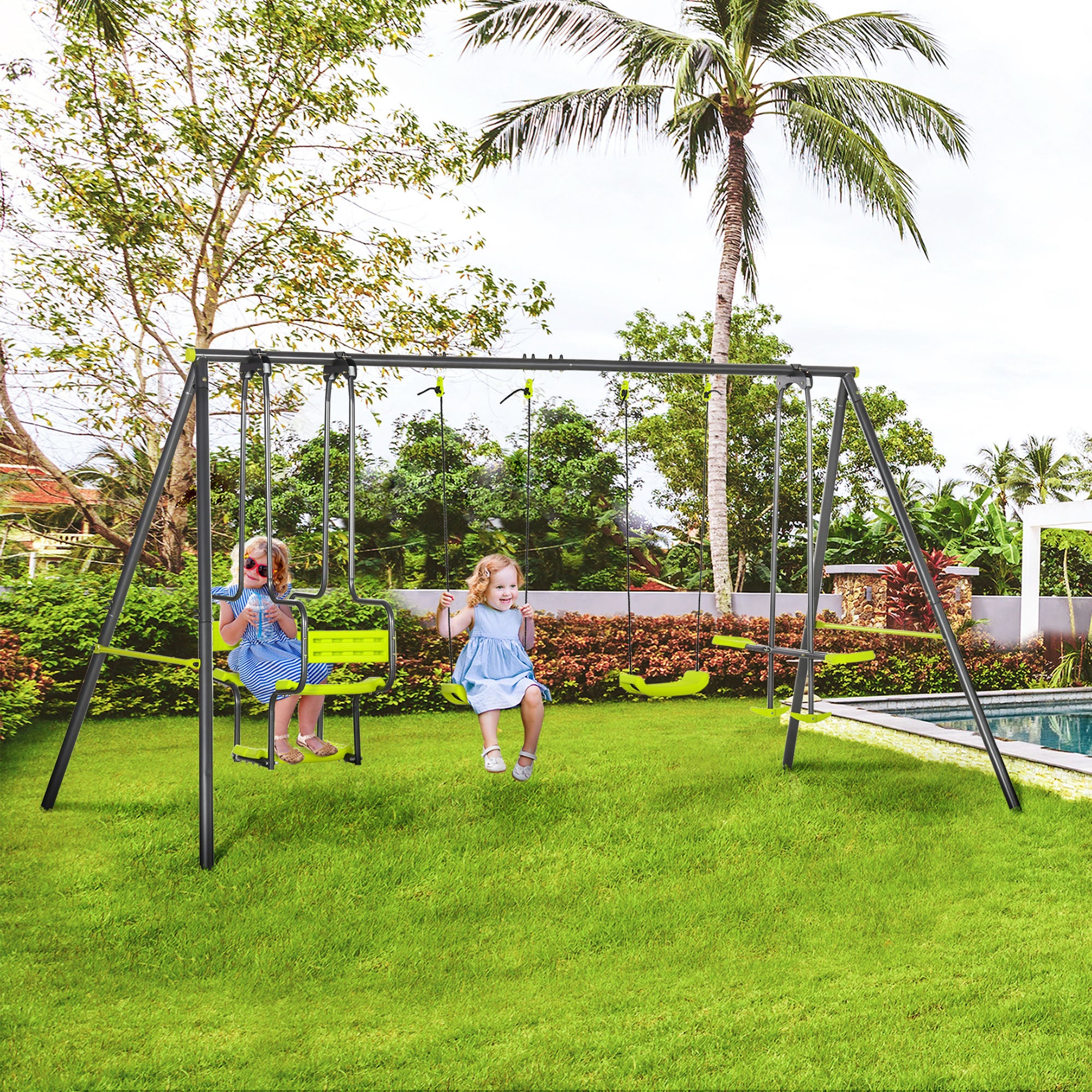Outsunny Metal Garden Swing Set with Double Swings, Glider, Swing Seats - Green - North Peak Garden Furniture
