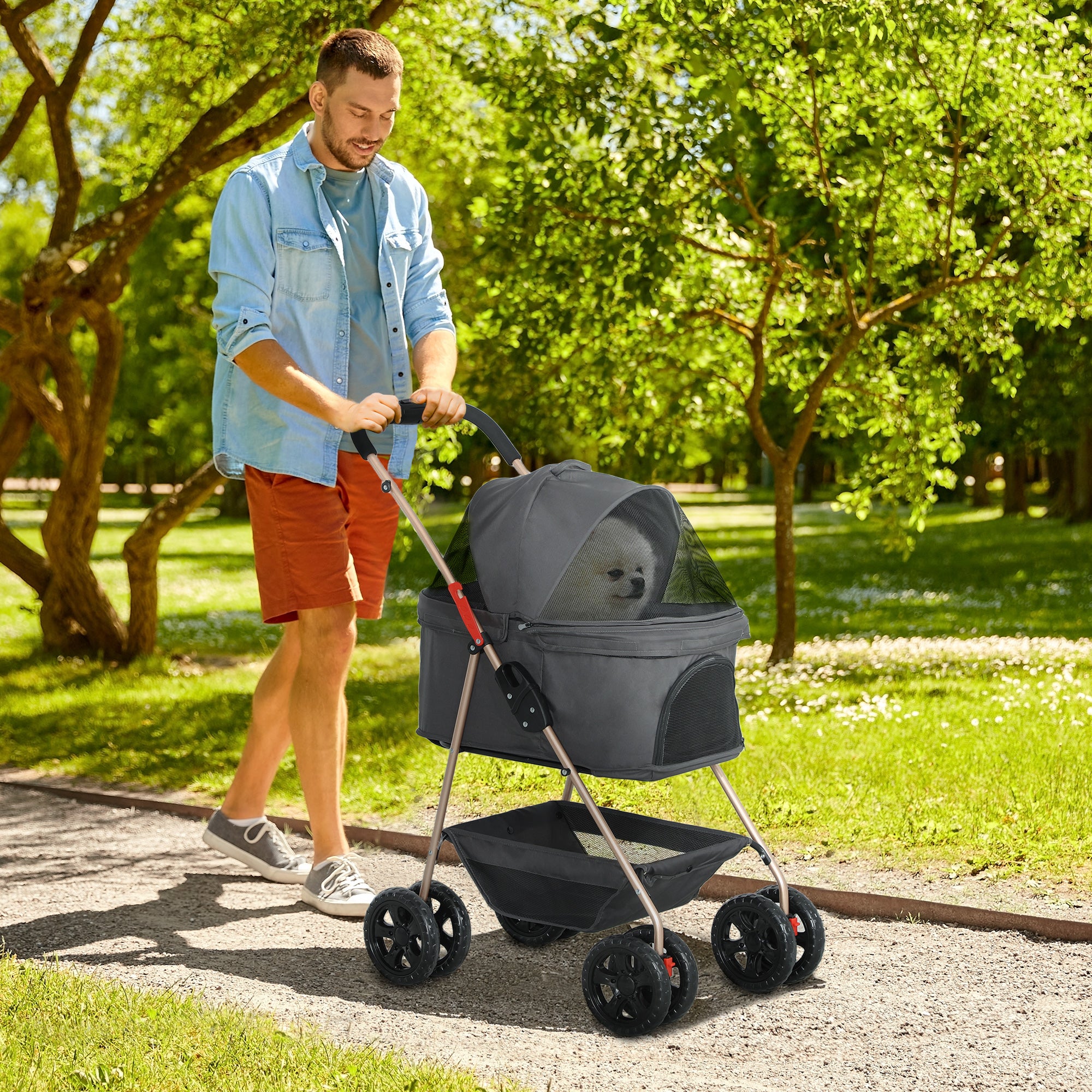 PawHut 3 in 1 Pet Stroller, Folding 4 Wheels Dog Pram with Detachable Carrier for Mini Dogs Cats, Grey - North Peak Garden Furniture