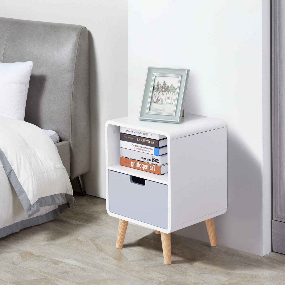 HOMCOM Wooden Bedside Table End Nightstand With Drawer Wood Lamp Desk Storage Unit Bedroom Scandinavian Nordic Style