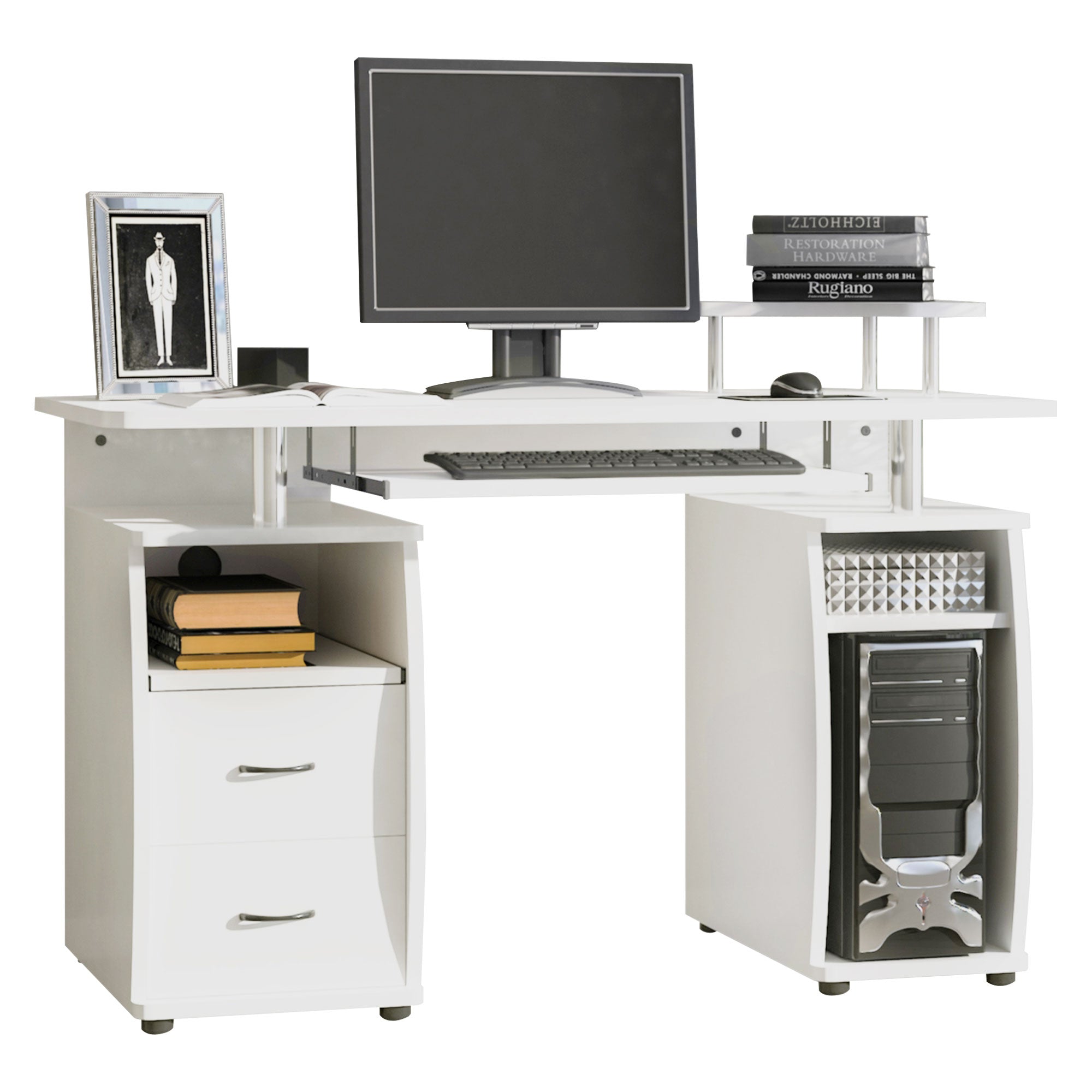 HOMCOM Computer Desk Office PC Table Workstation with Keyboard Tray, CPU Shelf, Drawers, Sliding Scanner Shelf, White - North Peak Garden Furniture