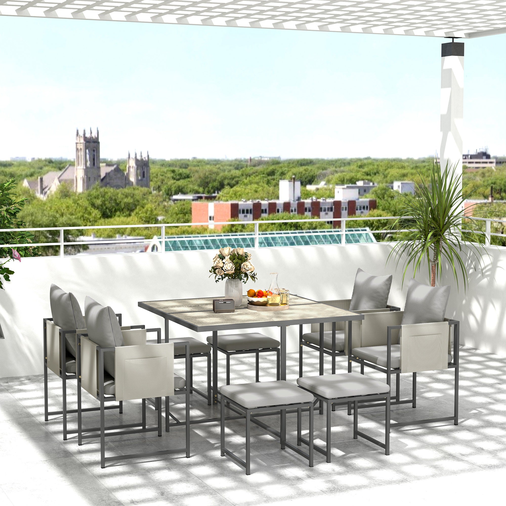 Outsunny 9 Piece Garden Dining Set, Cube Outdoor Garden Furniture Set with Cushions, 8 Seater Garden Table and Chairs with 4 Stools, Square PSPC Plastic Top Table, Side Pockets for Patio, Grey
