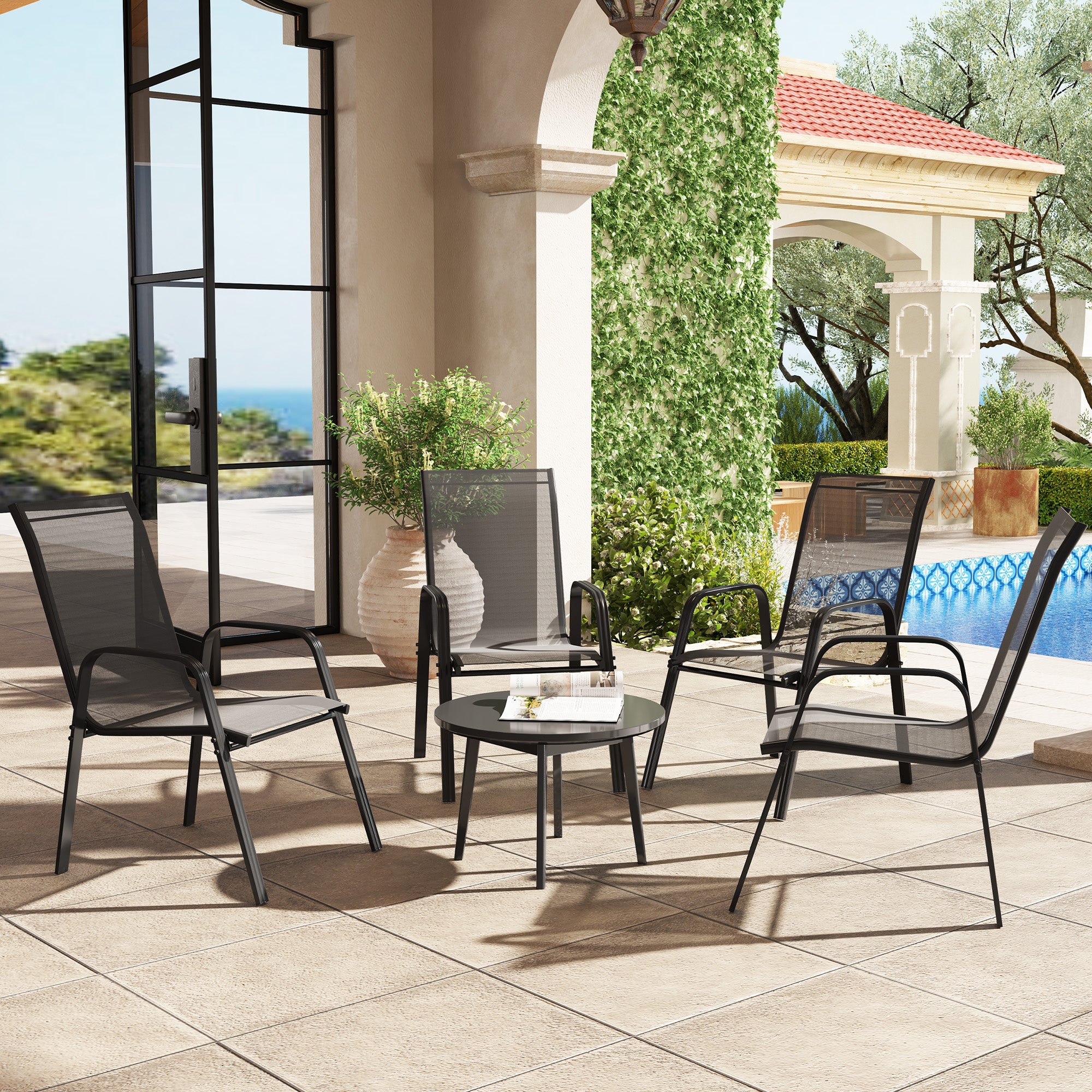 Outsunny Set of Four Stackable Mesh Seat Chairs - Black - North Peak Garden Furniture