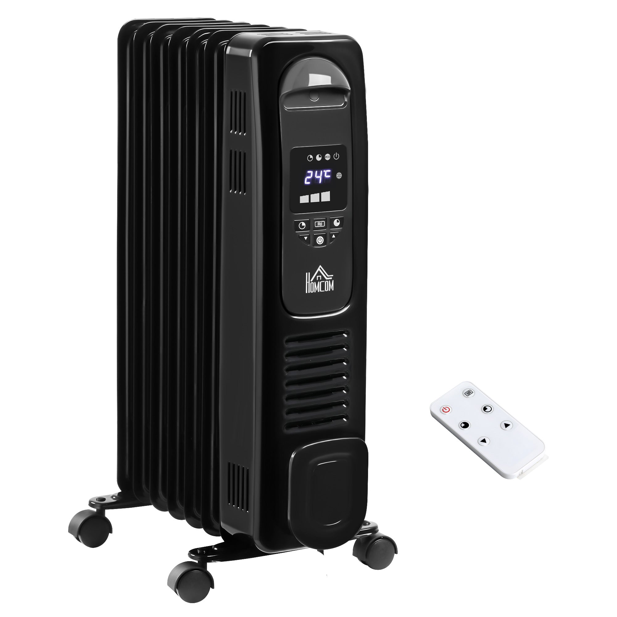 HOMCOM 1500W Digital Oil Filled Radiator, 7 Fin, Portable Electric Heater with LED Display, Built-in Timer, 3 Heat Settings, Safety Cut-Off and Remote Control, Black - North Peak Garden Furniture