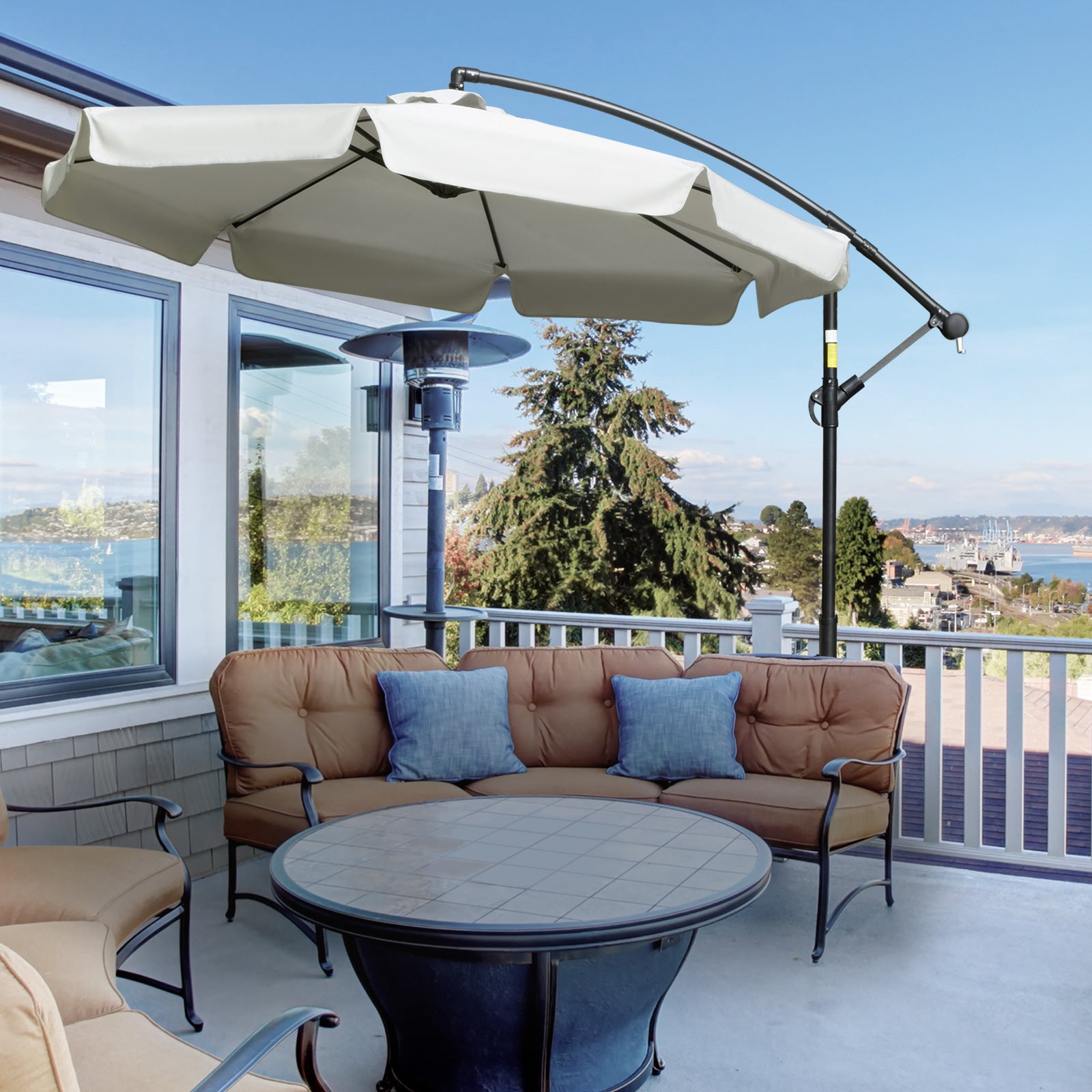 Outsunny 2.7m Garden Banana Parasol Cantilever Umbrella with Crank Handle and Cross Base for Outdoor, Hanging Sun Shade, Cream White - North Peak Garden Furniture