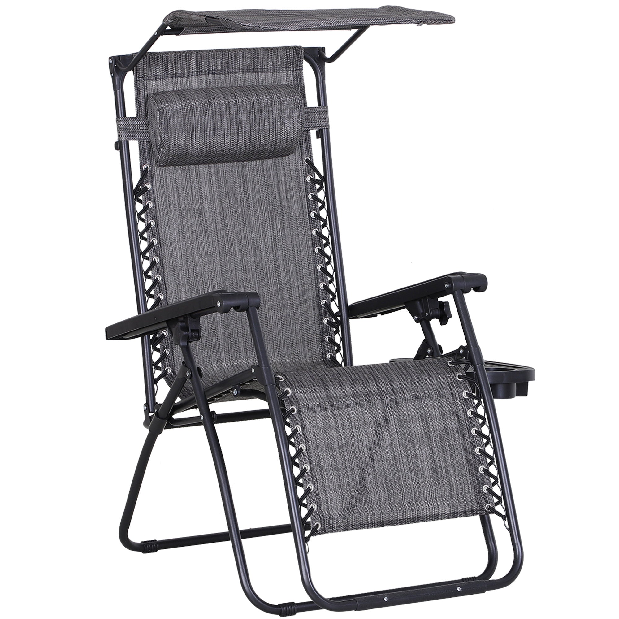 Outsunny Foldable Reclining Garden Chair with Headrest, Zero Gravity Deck Sun Lounger Seat Chair with Footrest, Armrest, Cup Holder & Canopy Shade, Grey - North Peak Garden Furniture