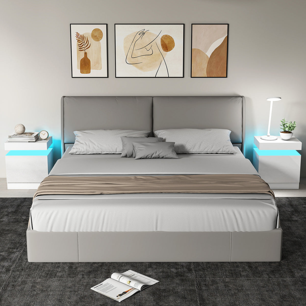 HOMCOM White Bedside Table with LED Light, High Gloss Front Nightstand with 2 Drawers, for Living Room, Bedroom, Set of 2