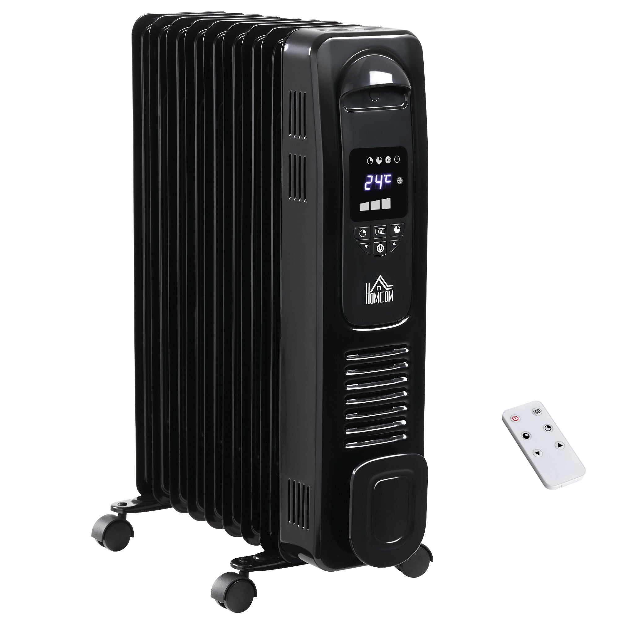 HOMCOM 2000W Digital Oil Filled Radiator, 9 Fin, Portable Electric Heater with LED Display, Timer, 3 Heat Settings, Safety Cut-Off and Remote Control, Black - North Peak Garden Furniture