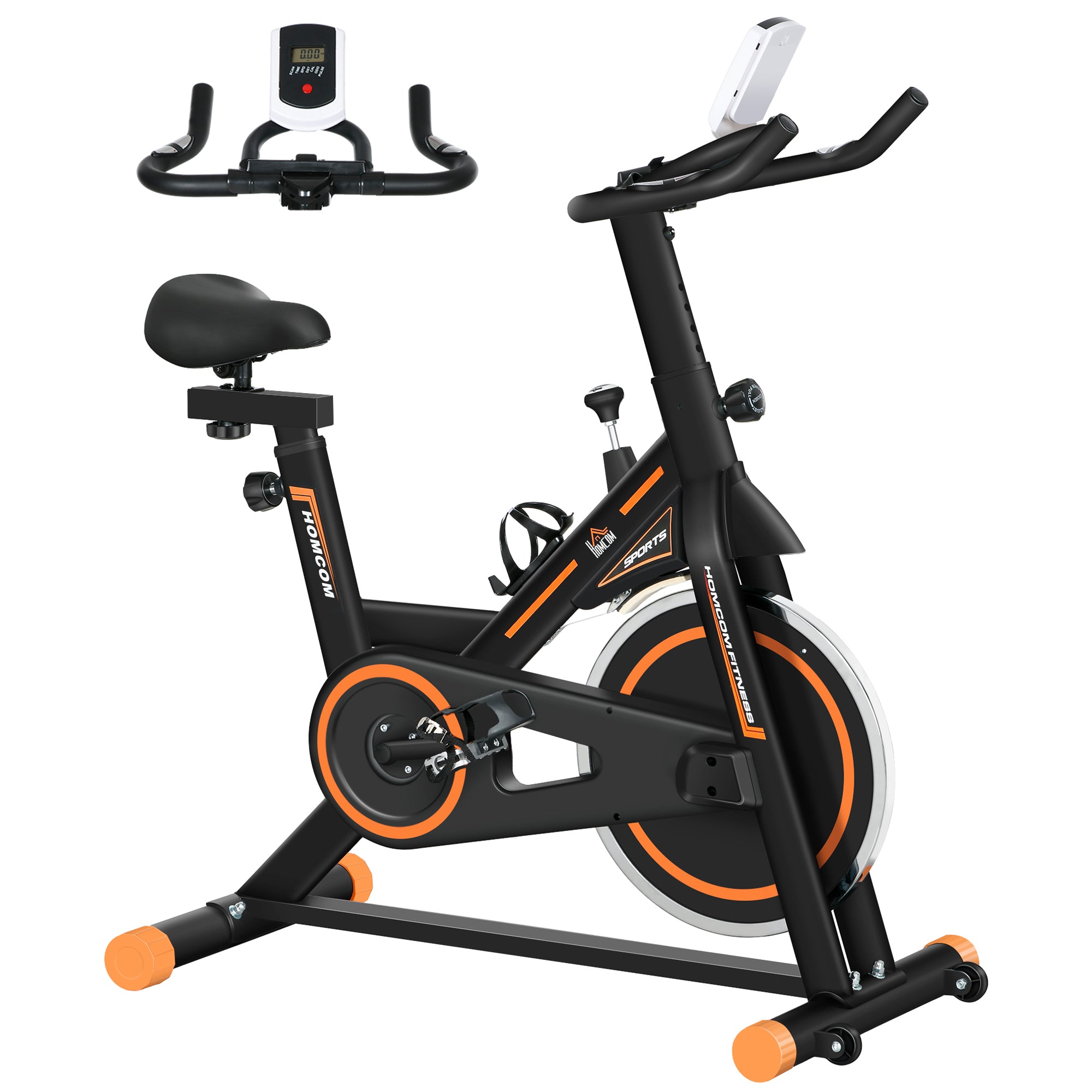 HOMCOM Exercise Bike, Indoor Cycling, with LCD Display, Heart Rate, Sensor - Black and Orange - North Peak Garden Furniture