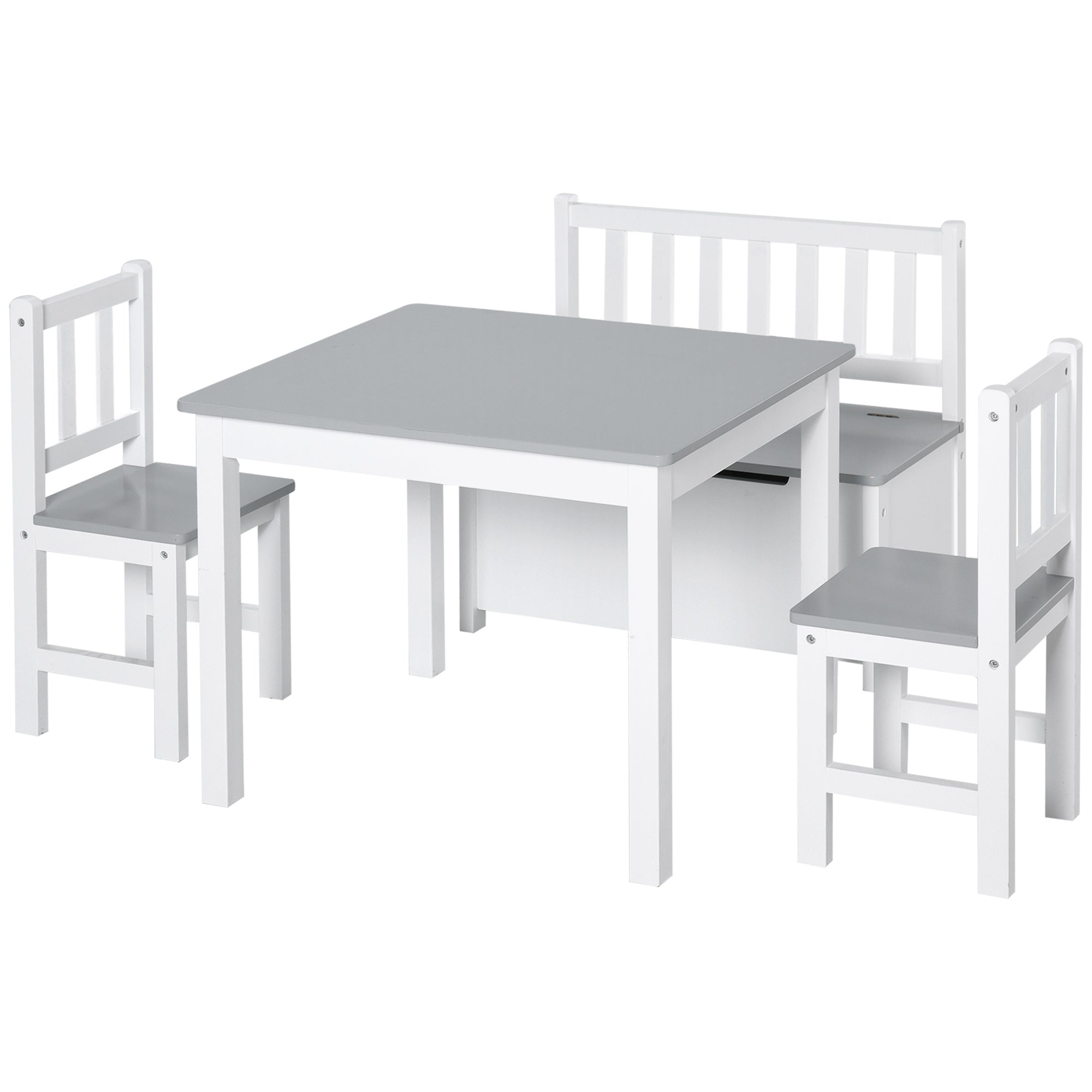 HOMCOM 4-Piece Kids Table and Chair Set with 2 Wooden Chairs, 1 Storage Bench, and Interesting Modern Design, Grey/White - North Peak Garden Furniture