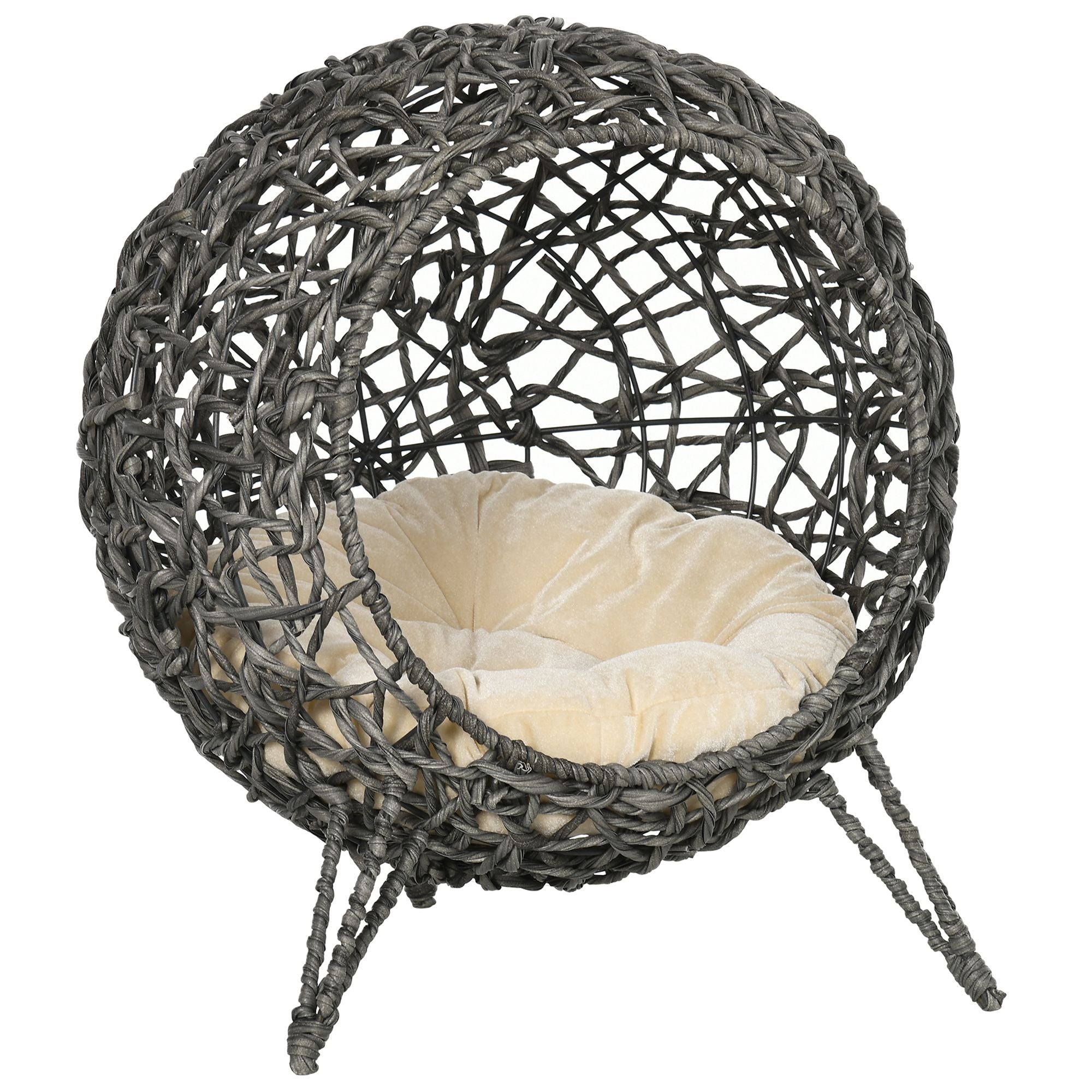 PawHut Rattan Elevated Cat Bed House Kitten Basket Ball Shaped Pet Furniture w/ Removable Cushion - Silver-Tone and Grey - North Peak Garden Furniture