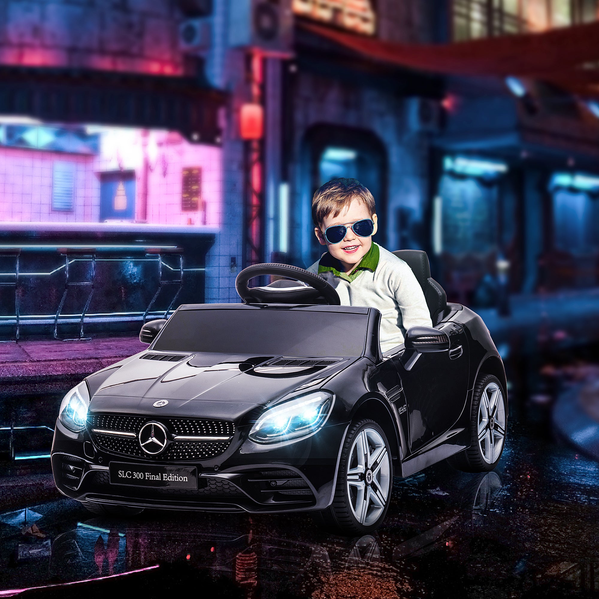 AIYAPLAY Benz SLC 300 Licensed 12V Kids Electric Ride On Car with Parental Remote Two Motors Music Lights Suspension Wheels for 3-6 Years Black - North Peak Garden Furniture