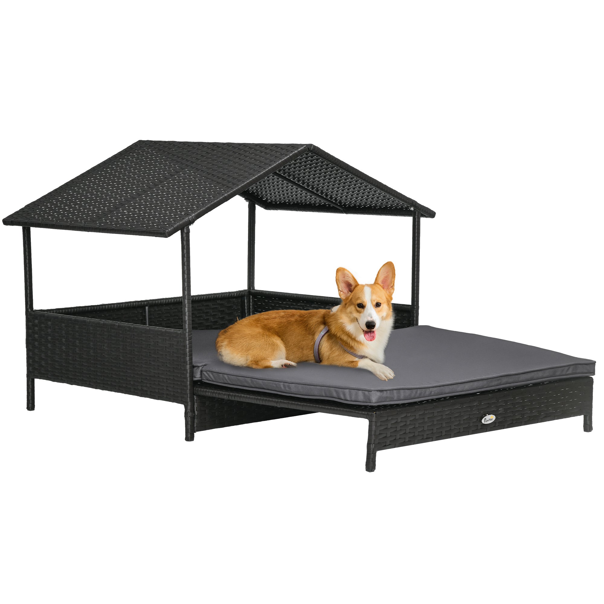 PawHut Extendable Elevated Dog Bed, Rattan Dog House w/ Water-Resistant Roof, Removable Cushion, for Small, Medium Dogs - Grey - North Peak Garden Furniture
